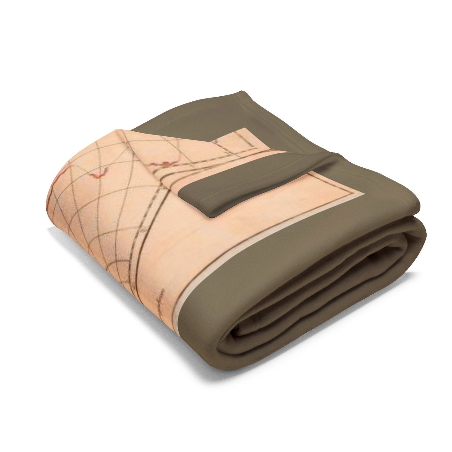 Folded blanket with world map design on a white background