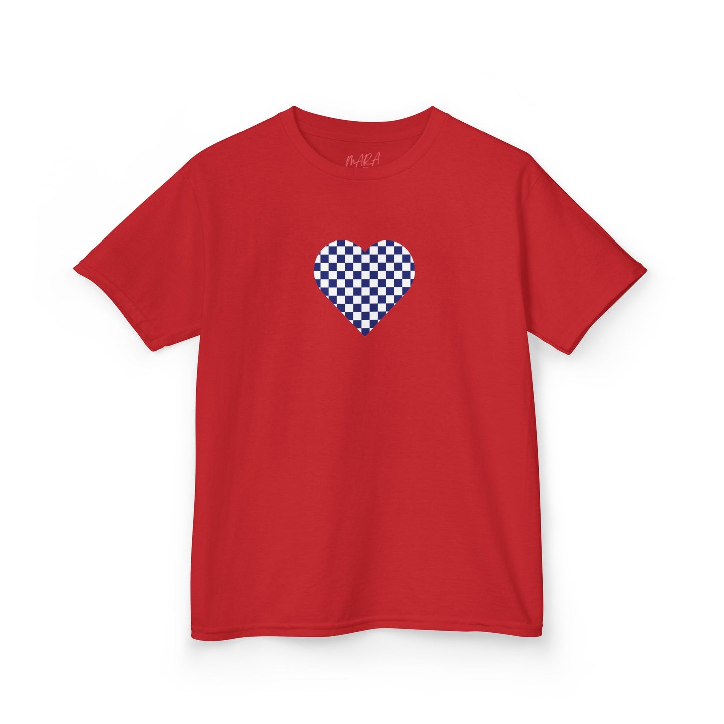 Red t-shirt with a blue and white checkered heart design on a white background