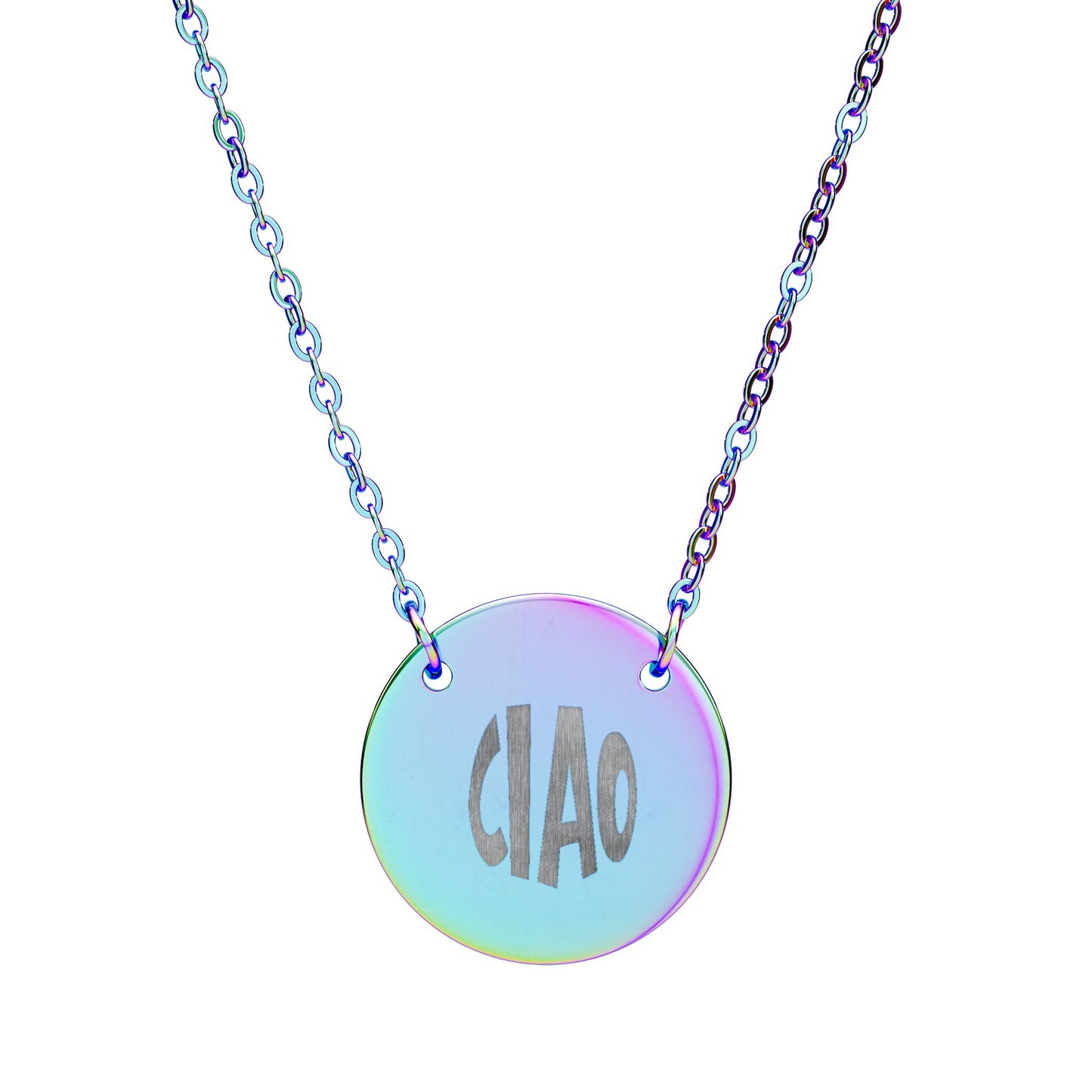 Necklace with a round, iridescent pendant displaying the word 'CIAO' on a white background.