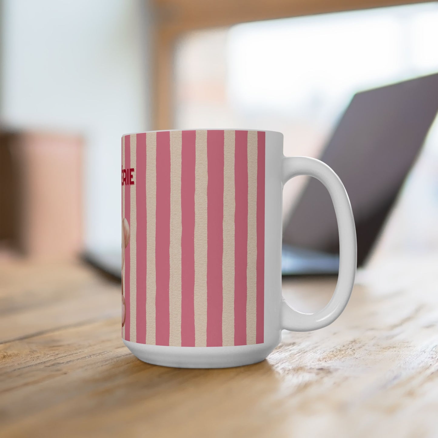 Ma Chérie Teddy Bear Ceramic Mug — Pink Striped Baby Shower Gift