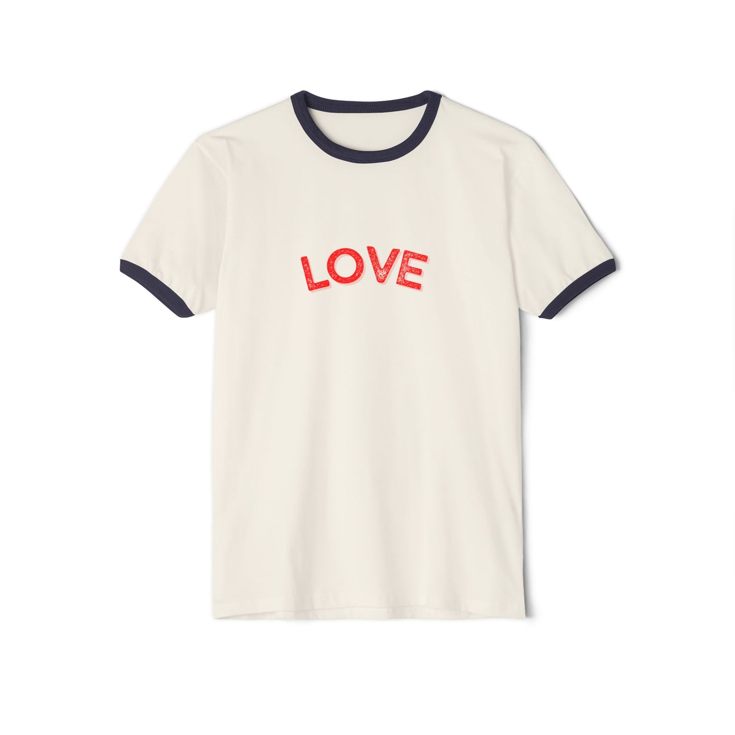 White t-shirt with red 'LOVE' text and navy trim on a white background