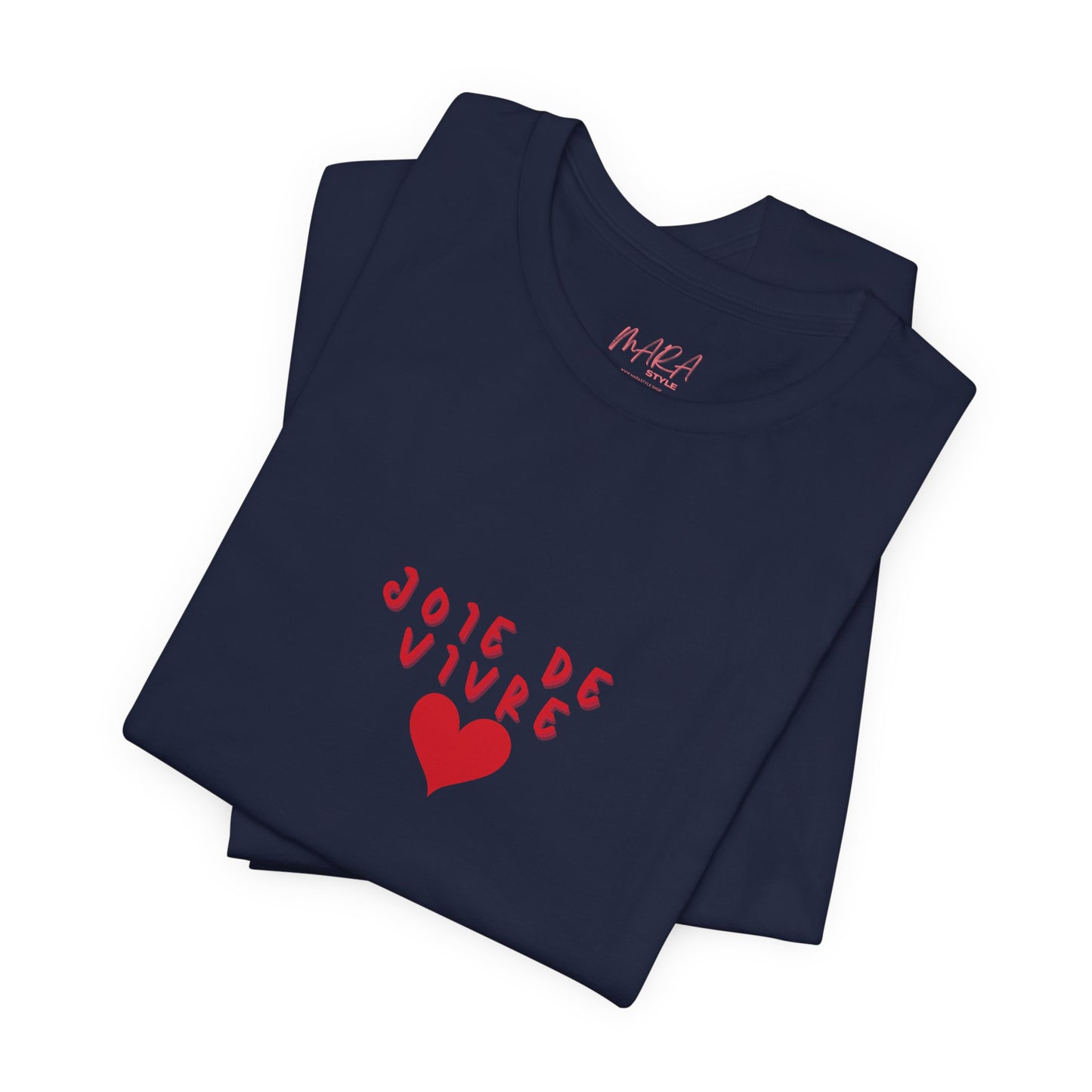 Folded navy blue t-shirt with red text and heart design on a white background