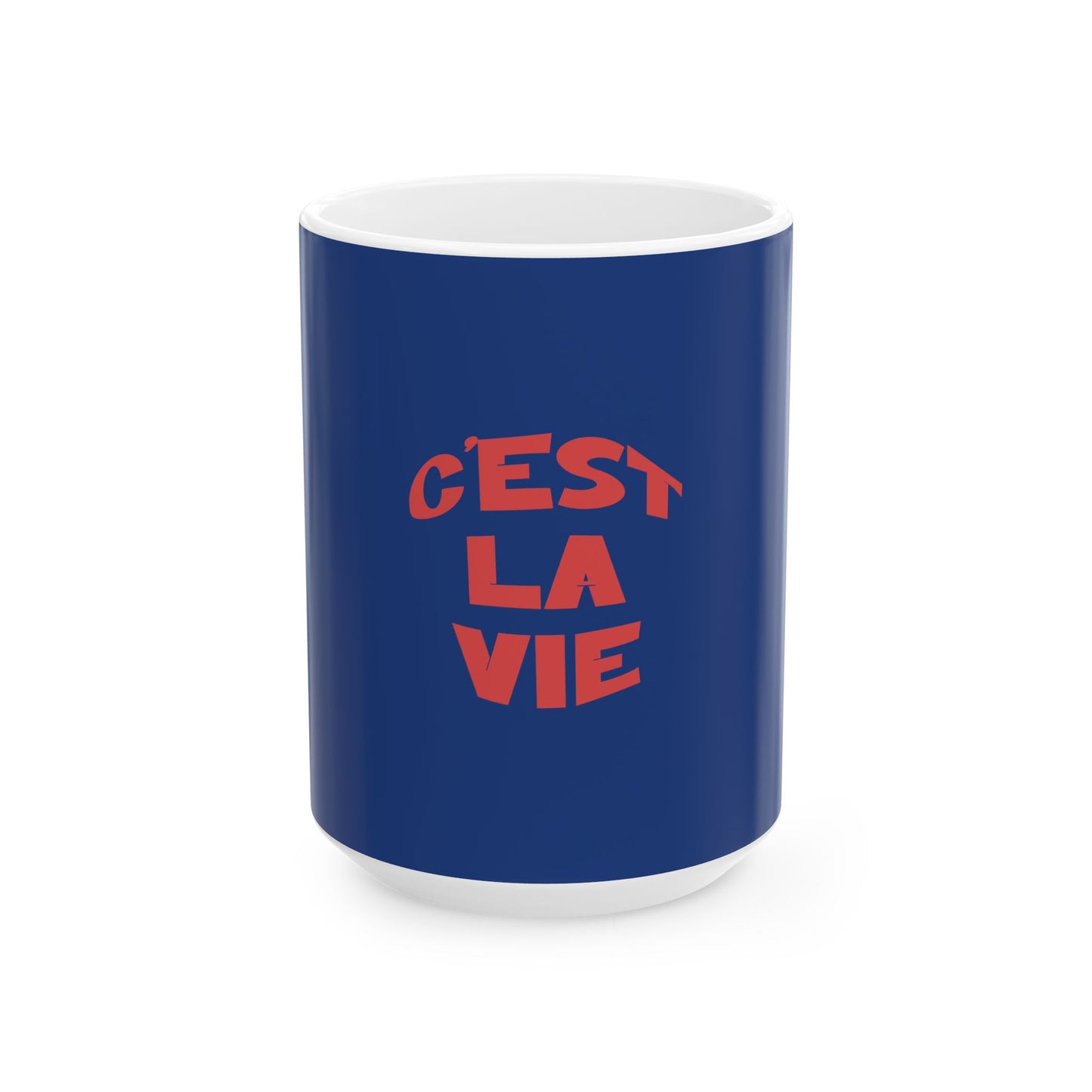 Blue mug with red text 'CEST LA VIE' on a white background