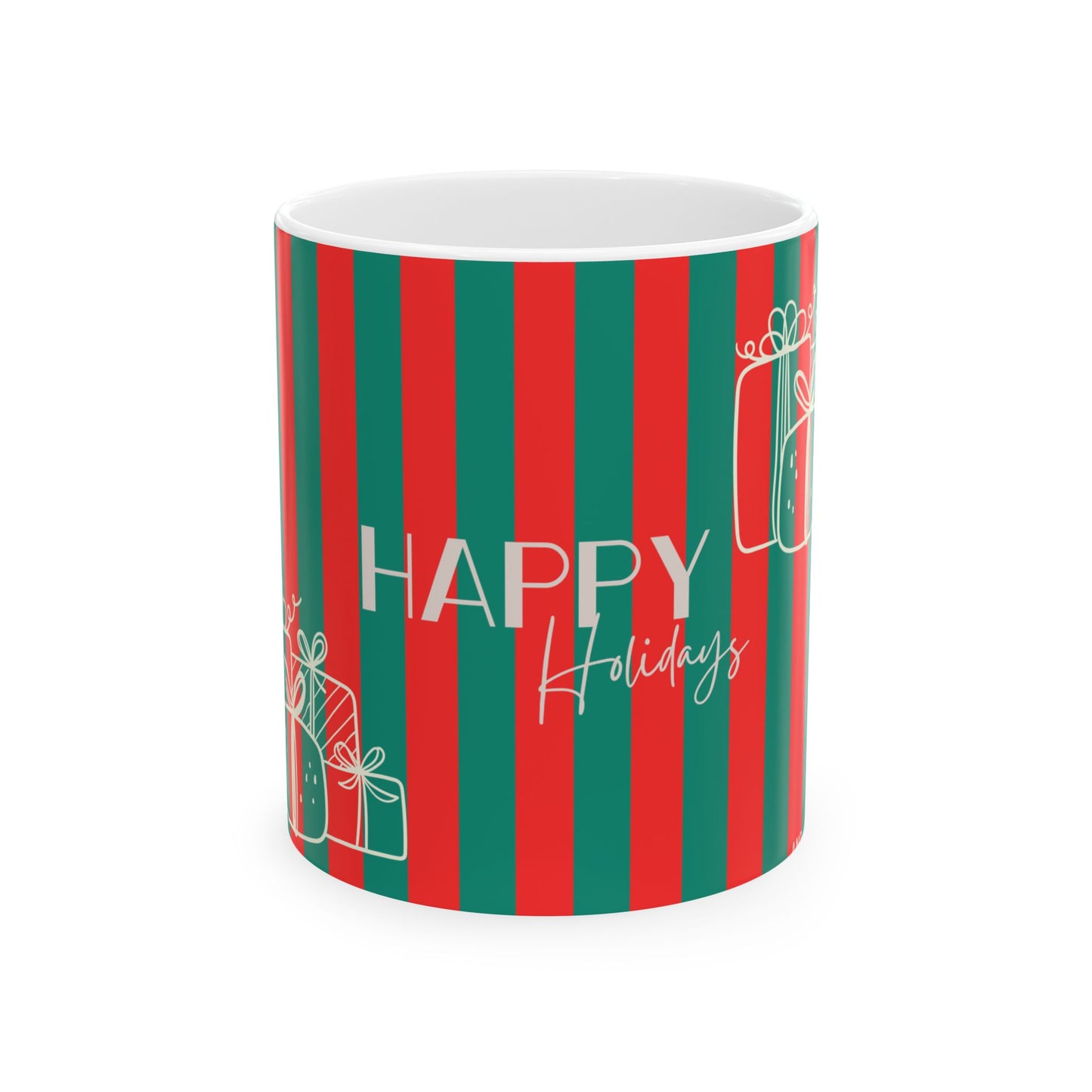 Mug with red and green striped pattern and 'Happy Holidays' text on a white background