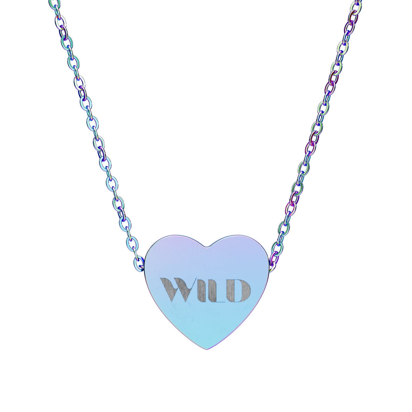 Heart-shaped pendant with 'WILD' engraving on a colorful chain against a white background