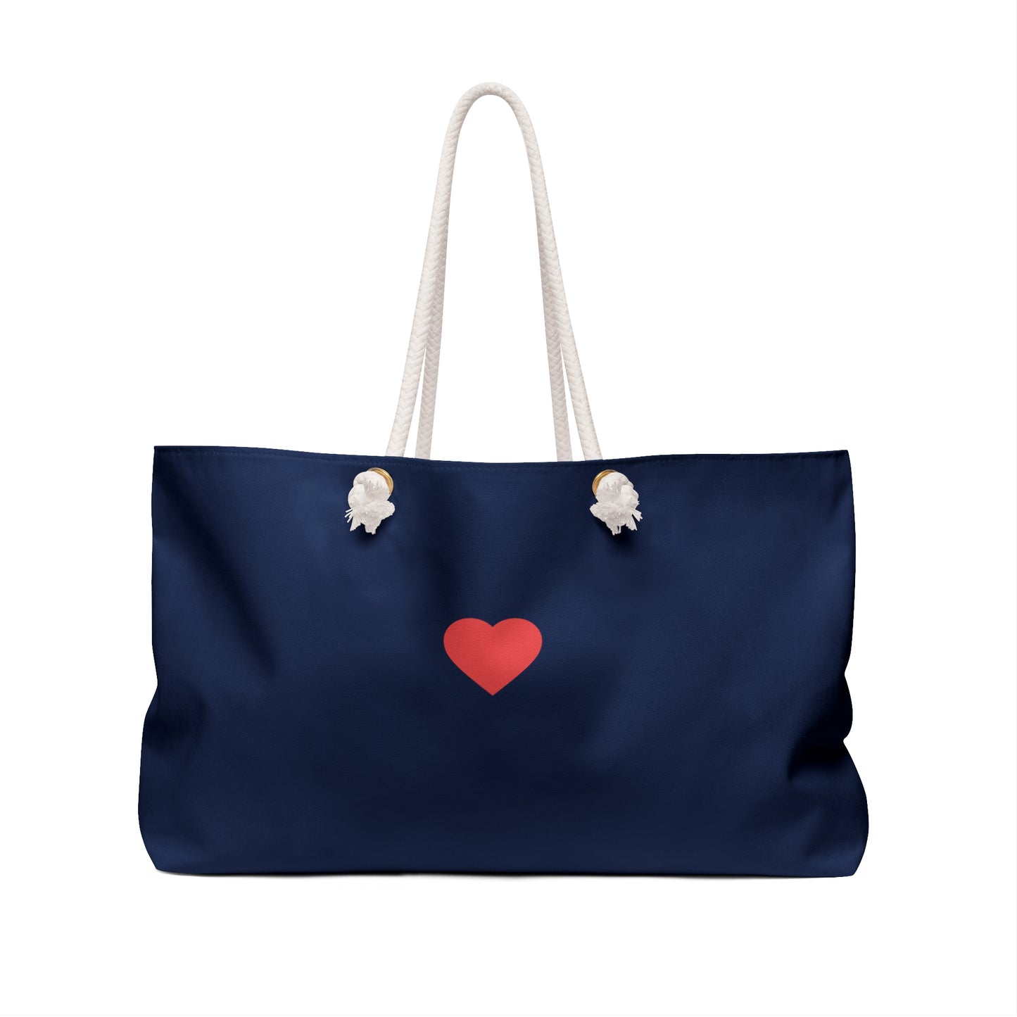 Navy blue tote bag with a red heart and white handles on a white background