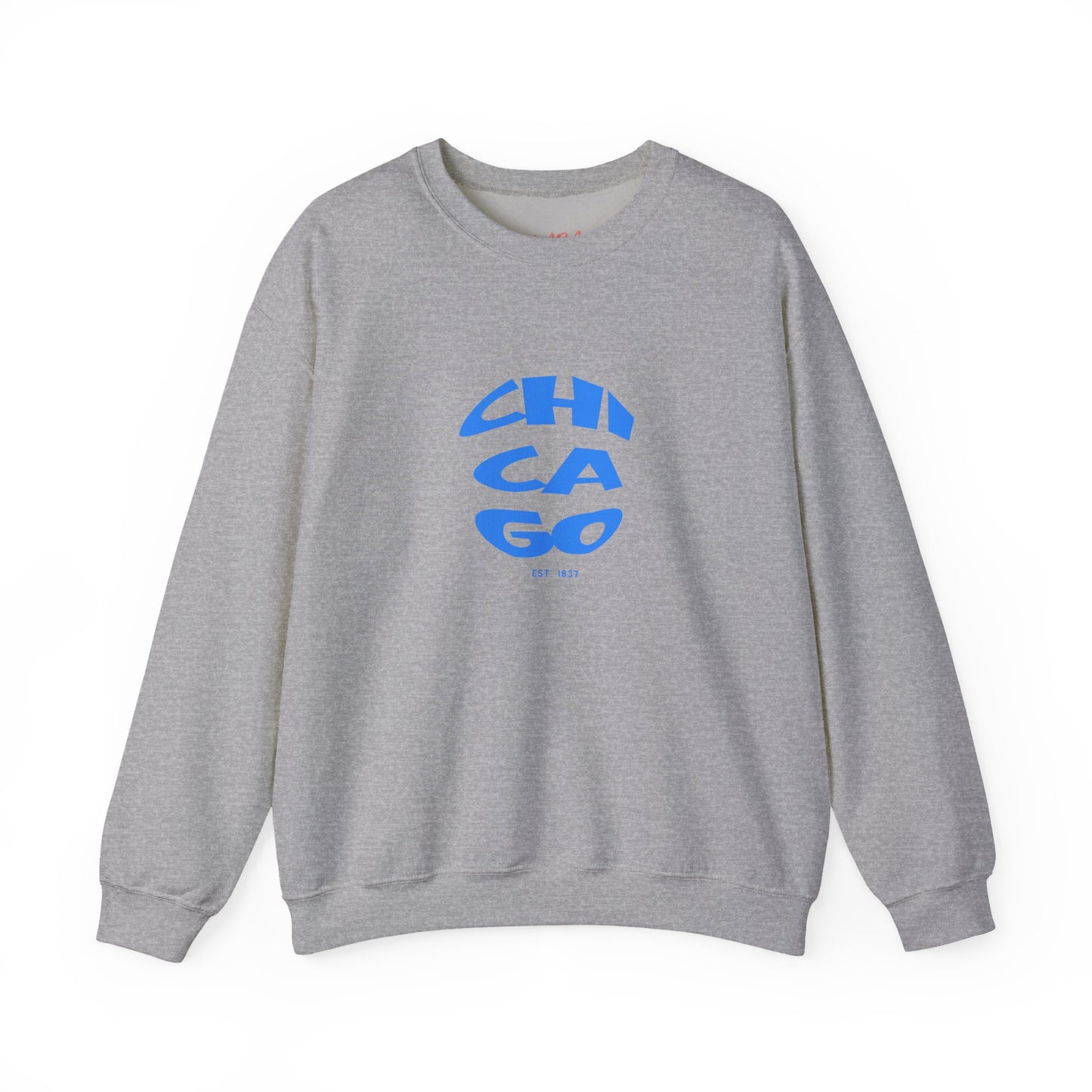 Gray sweatshirt with 'Chicago' printed in blue on a white background