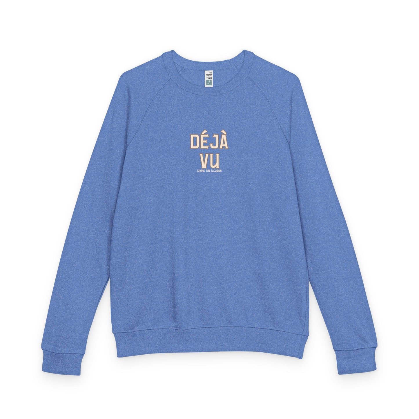 Blue sweatshirt with 'Déj Vu' text on a white background