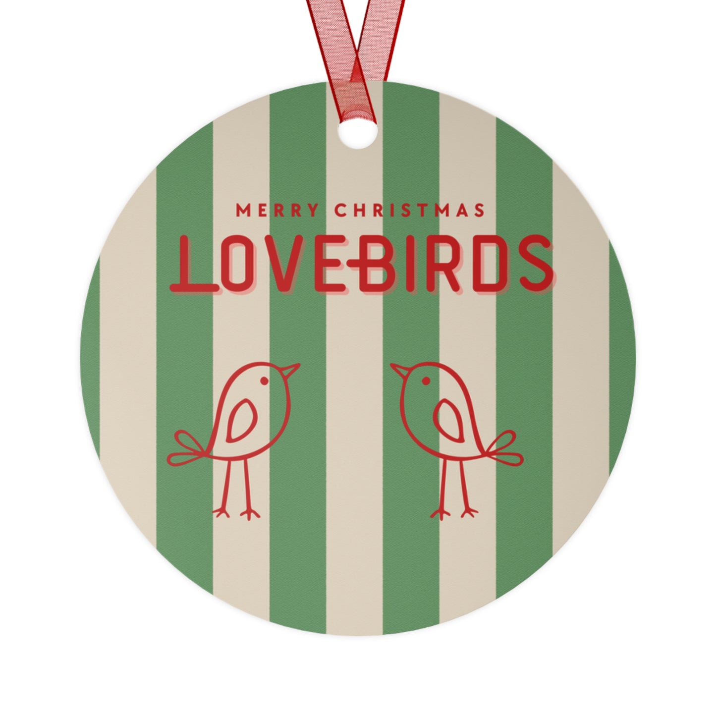 Round metal Christmas ornament with a green and white striped background, featuring two lovebirds and the text 'Merry Christmas'.