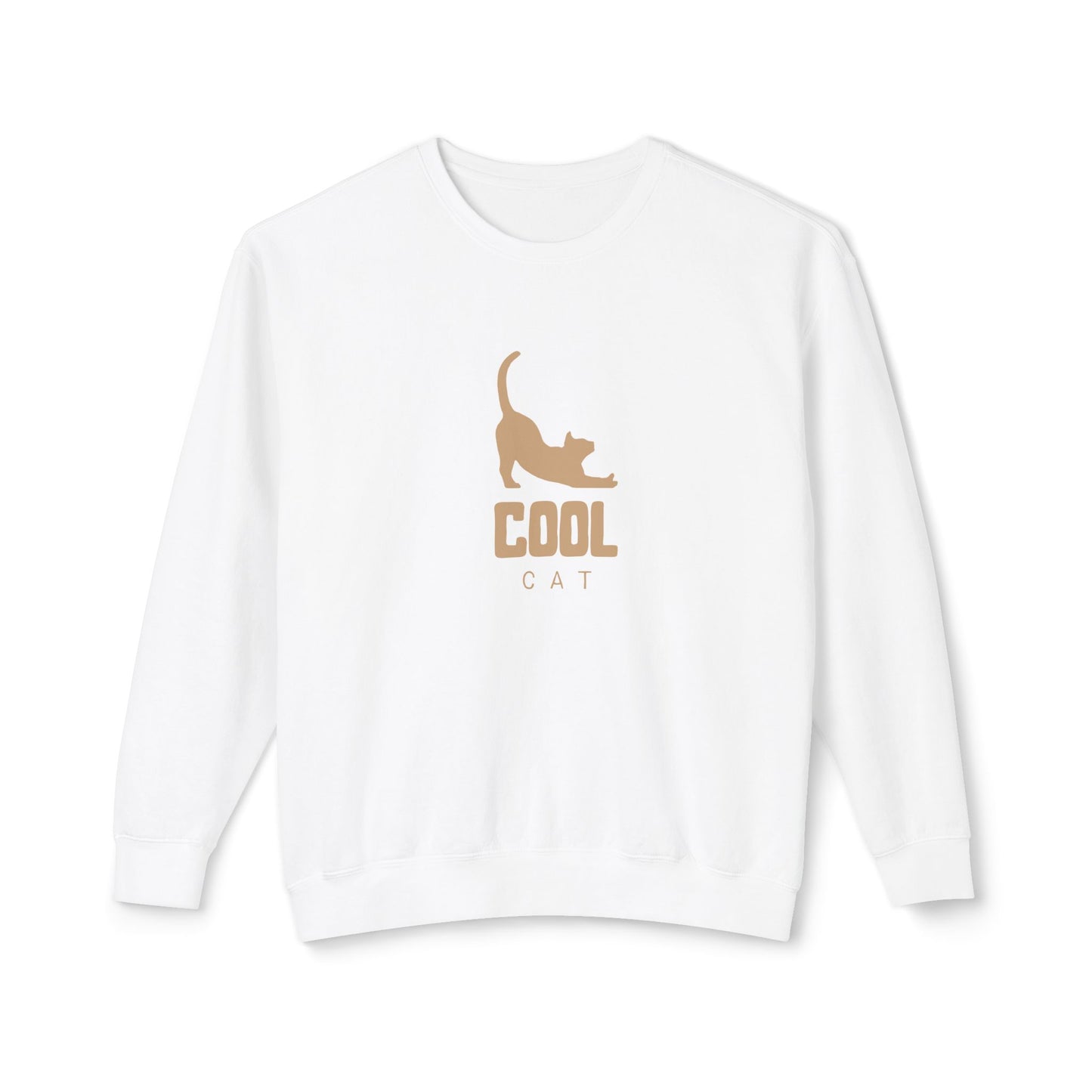 White sweatshirt with 'COOL CAT' text and cat graphic on a white background