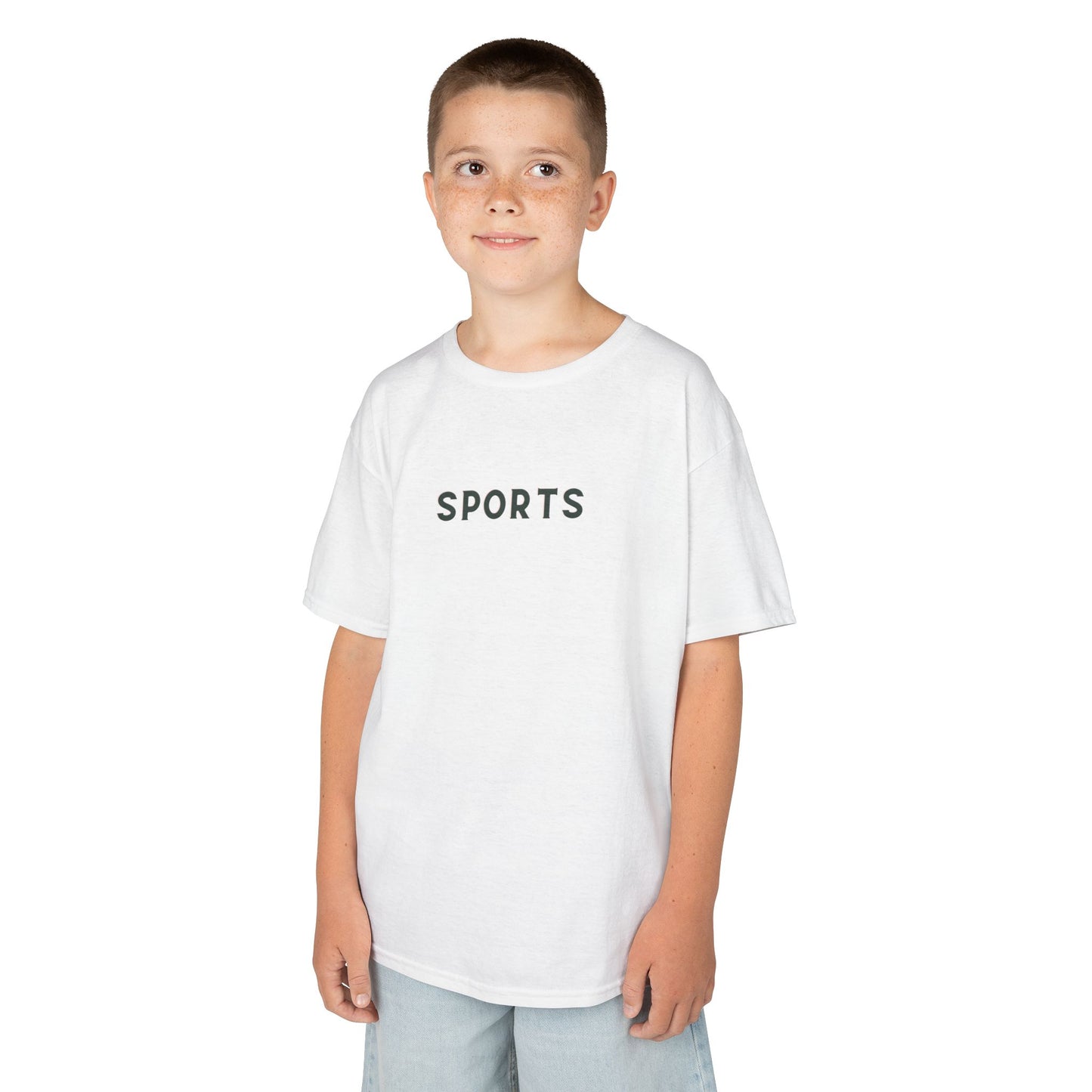 Child wearing a white t-shirt with 'SPORTS' text on a white background