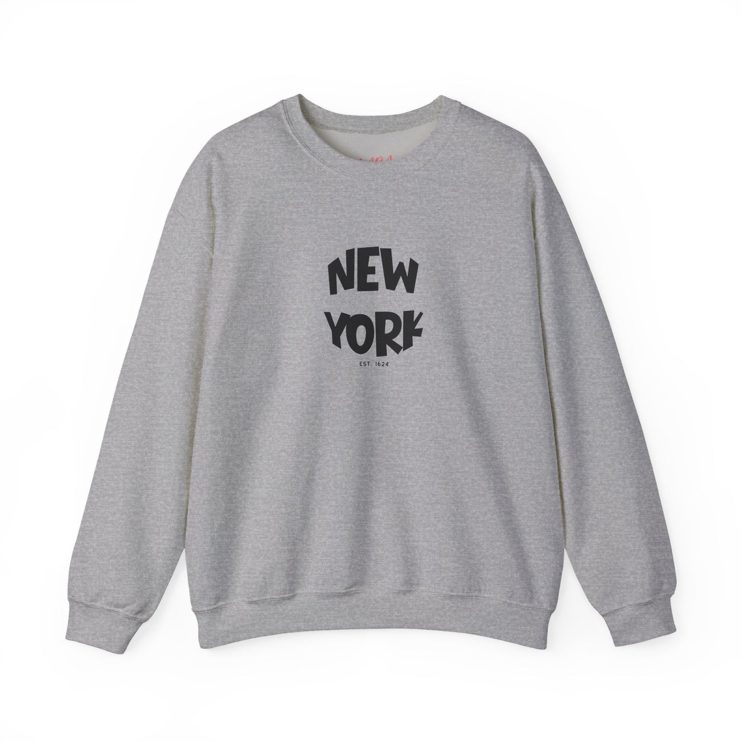 Gray sweatshirt with 'New York' text on a white background