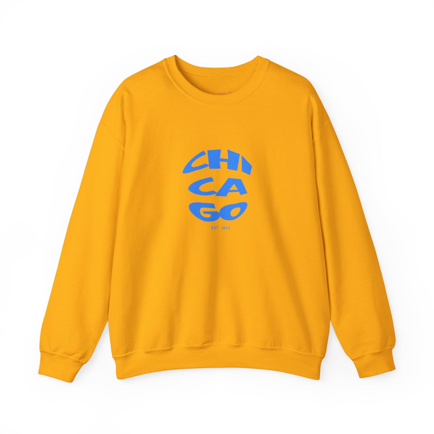 Yellow sweatshirt with blue 'Chicago' text on a white background