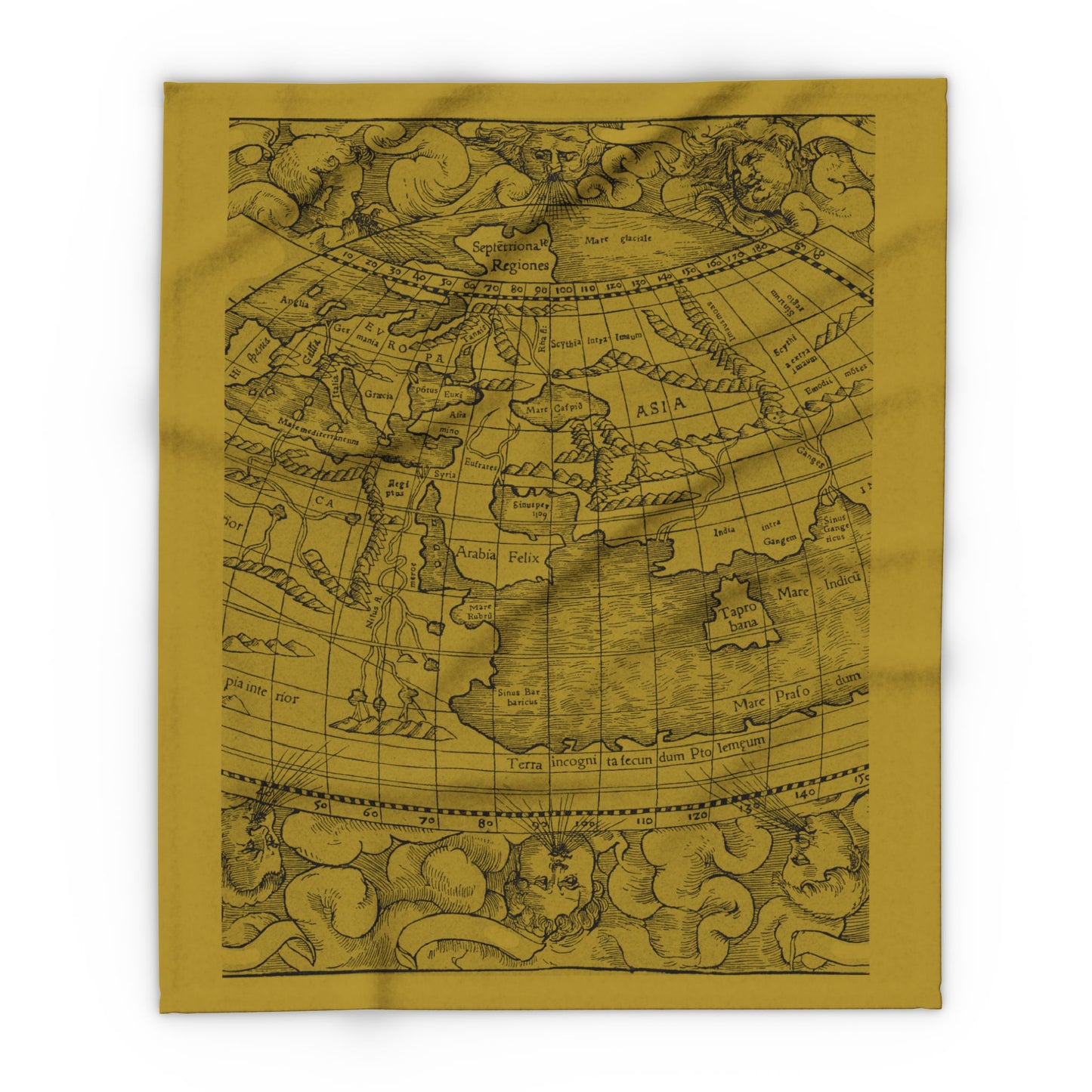 Vintage-style world map blanket on a olive green background