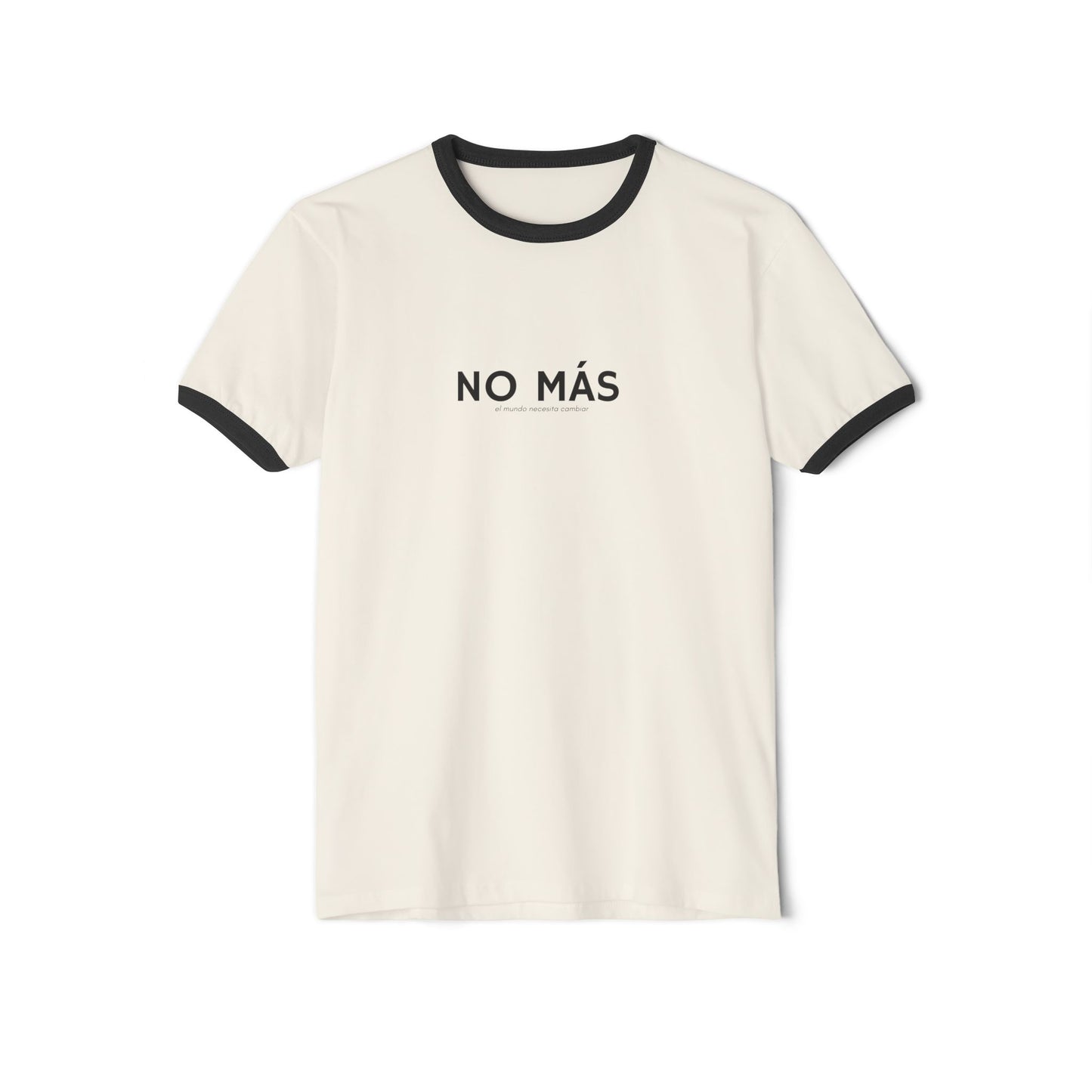 White t-shirt with black text 'NO MÁS' on a white background