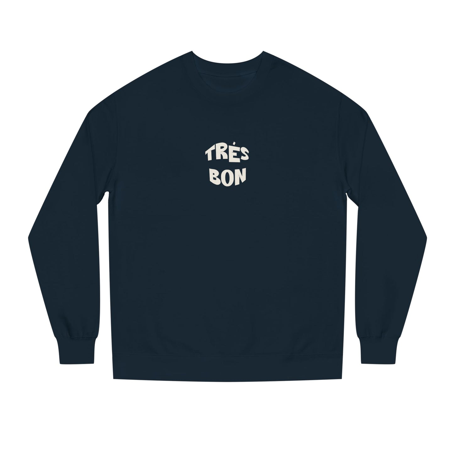 Navy blue long-sleeve shirt with 'TRES BON' text on a white background