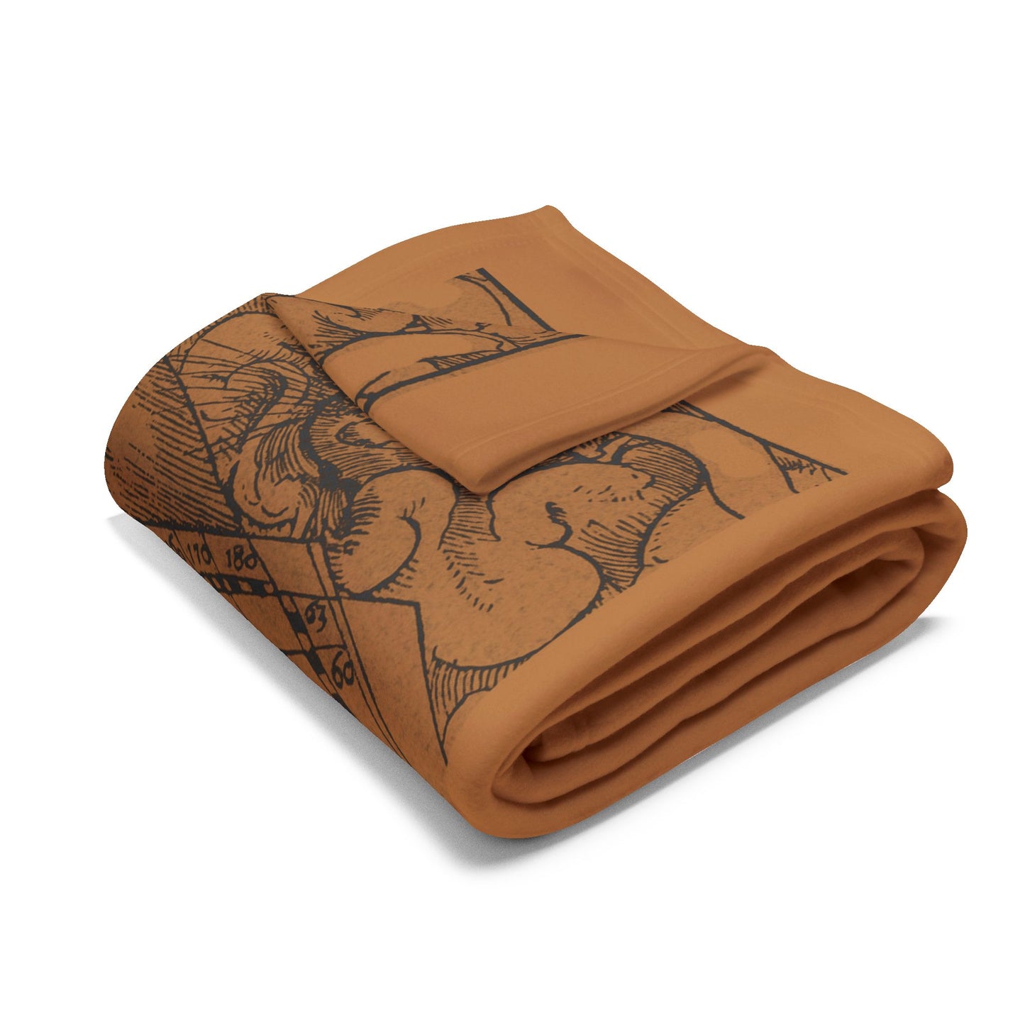 Folded brown blanket with black graphics on a white background
