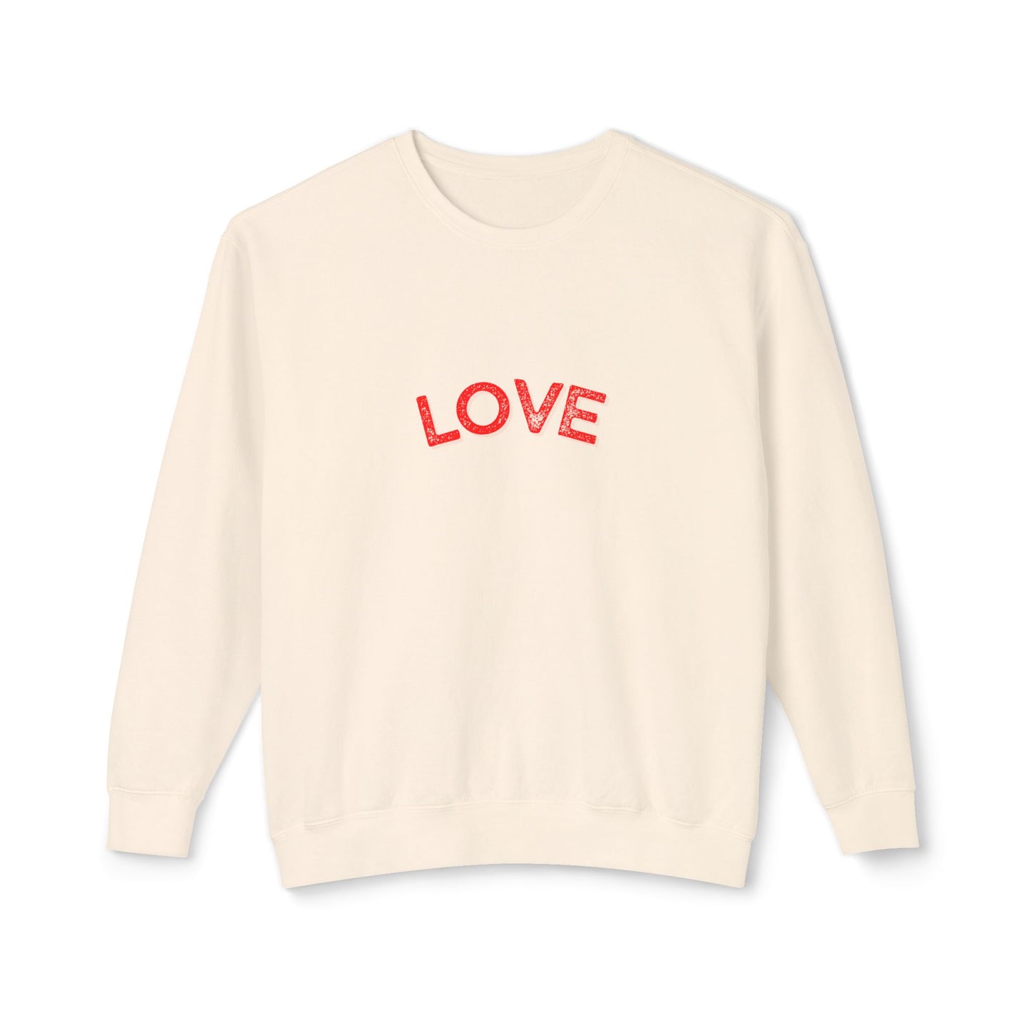 Beige sweater with 'LOVE' printed in red on a white background