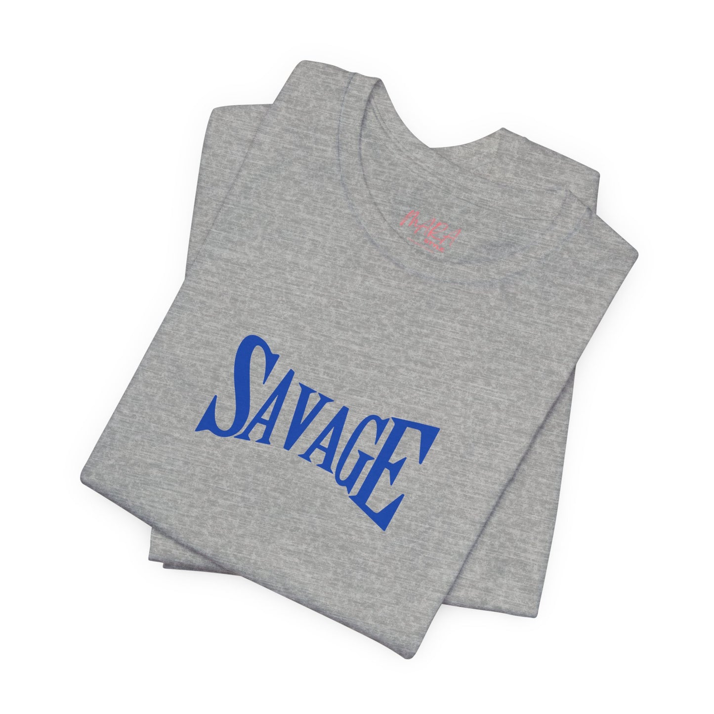 Gray t-shirt with 'SAVAGE' in blue text on a white background