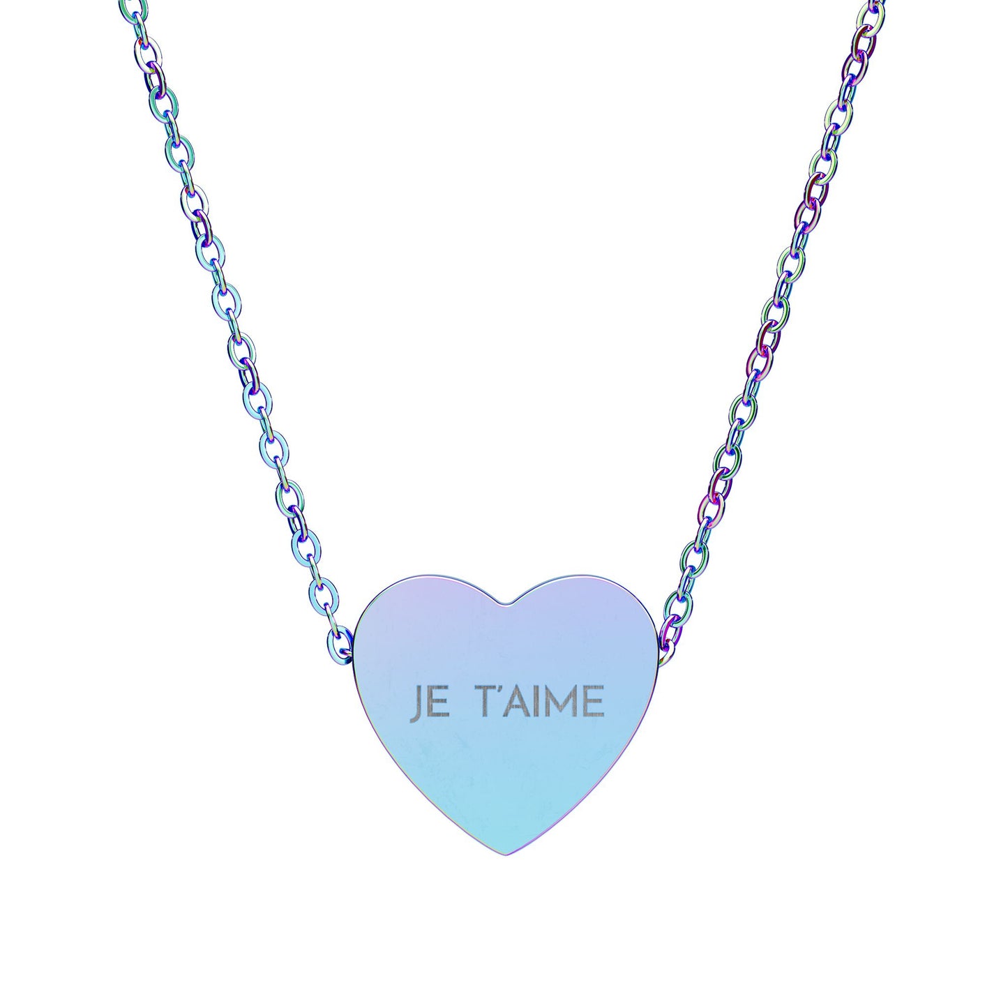 Heart-shaped pendant with 'JE T'AIME' engraving on a colorful chain against a white background