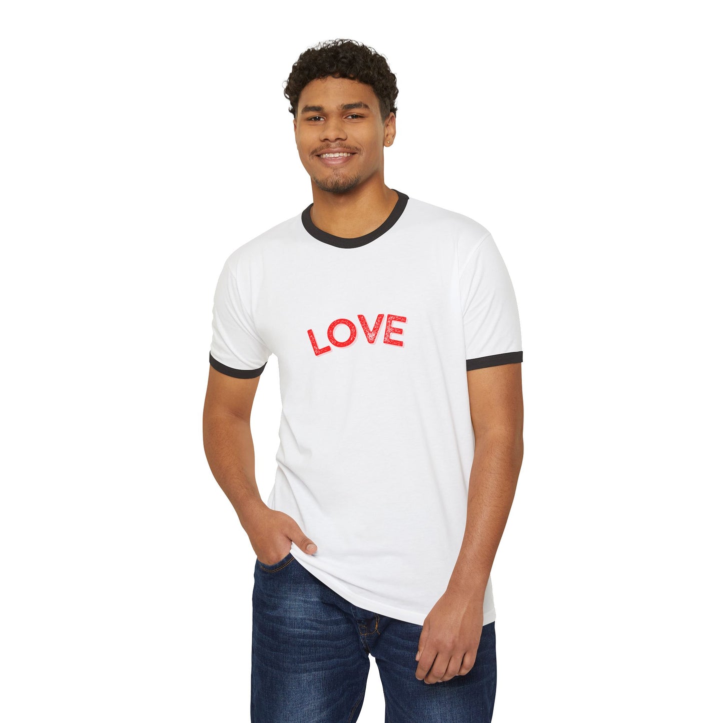 Man wearing a white t-shirt with 'LOVE' printed in red on a white background