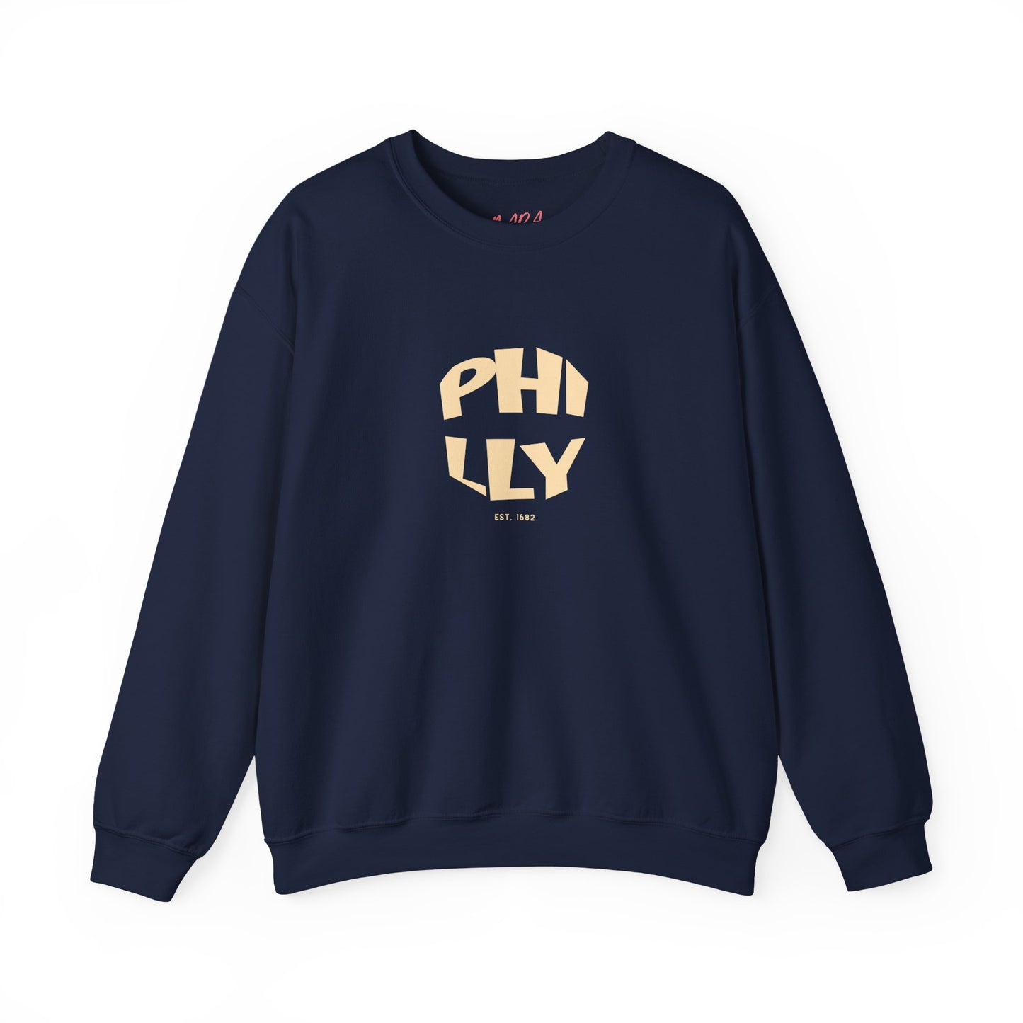 Navy blue sweatshirt with 'PHILLY' print on a white background