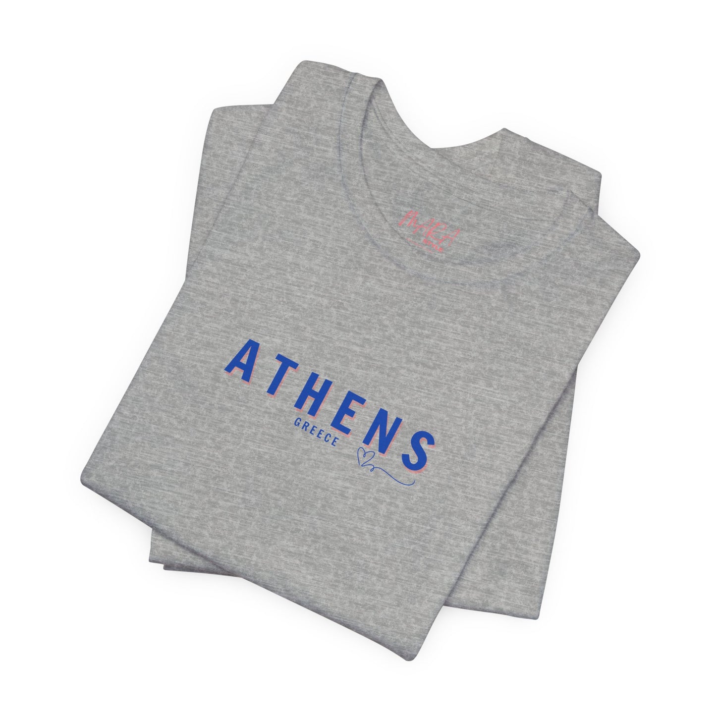 A folded blue t-shirt with 'ATHENS Greece' printed in a blue font on the front.