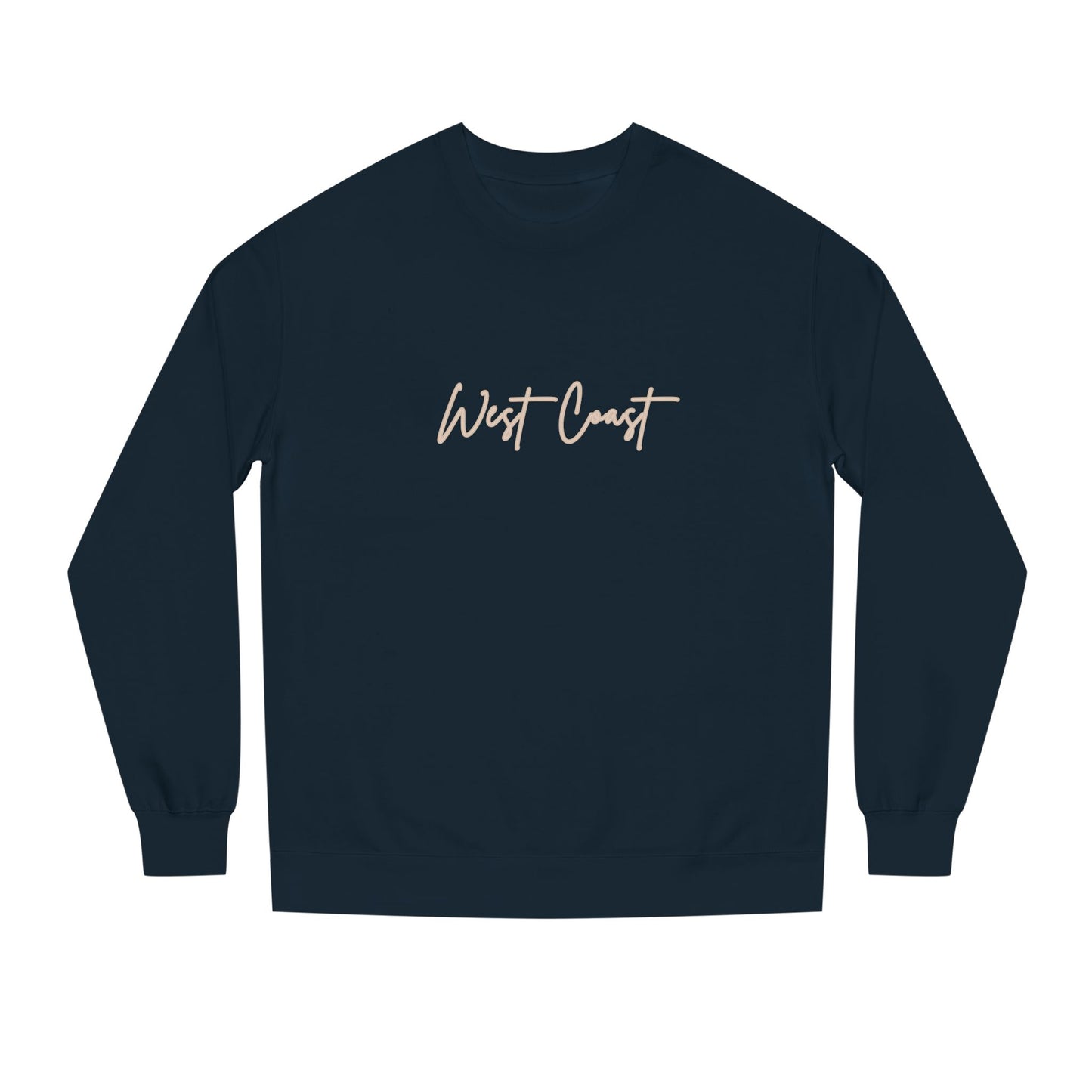 Navy blue long-sleeve shirt with 'West Coast' text on a white background