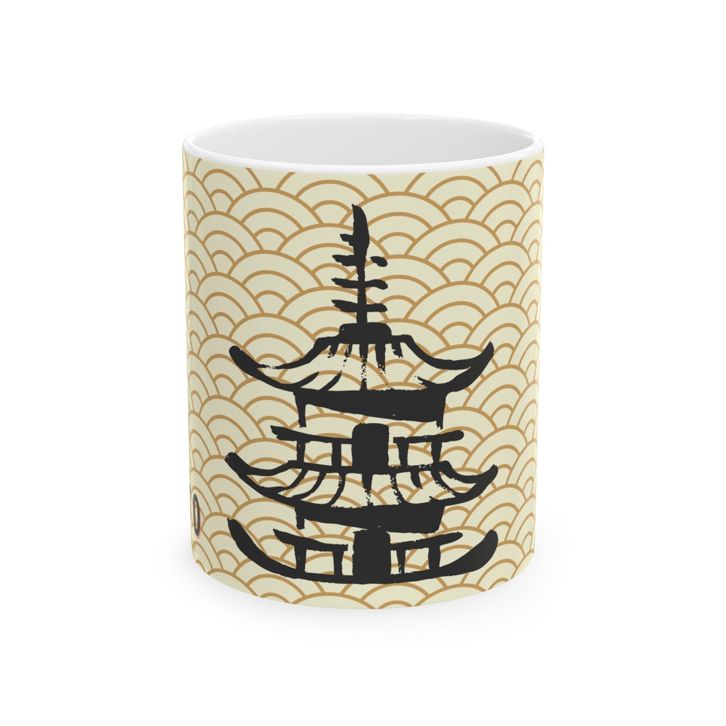 Ceramic mug with black pagoda design on a beige wave pattern
