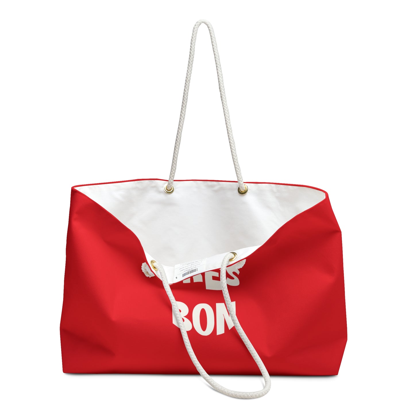 Red bag with white text and handle on a white background