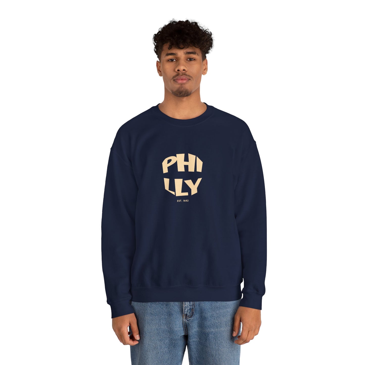 Person wearing a navy sweatshirt with 'PHILLY' printed on it against a white background