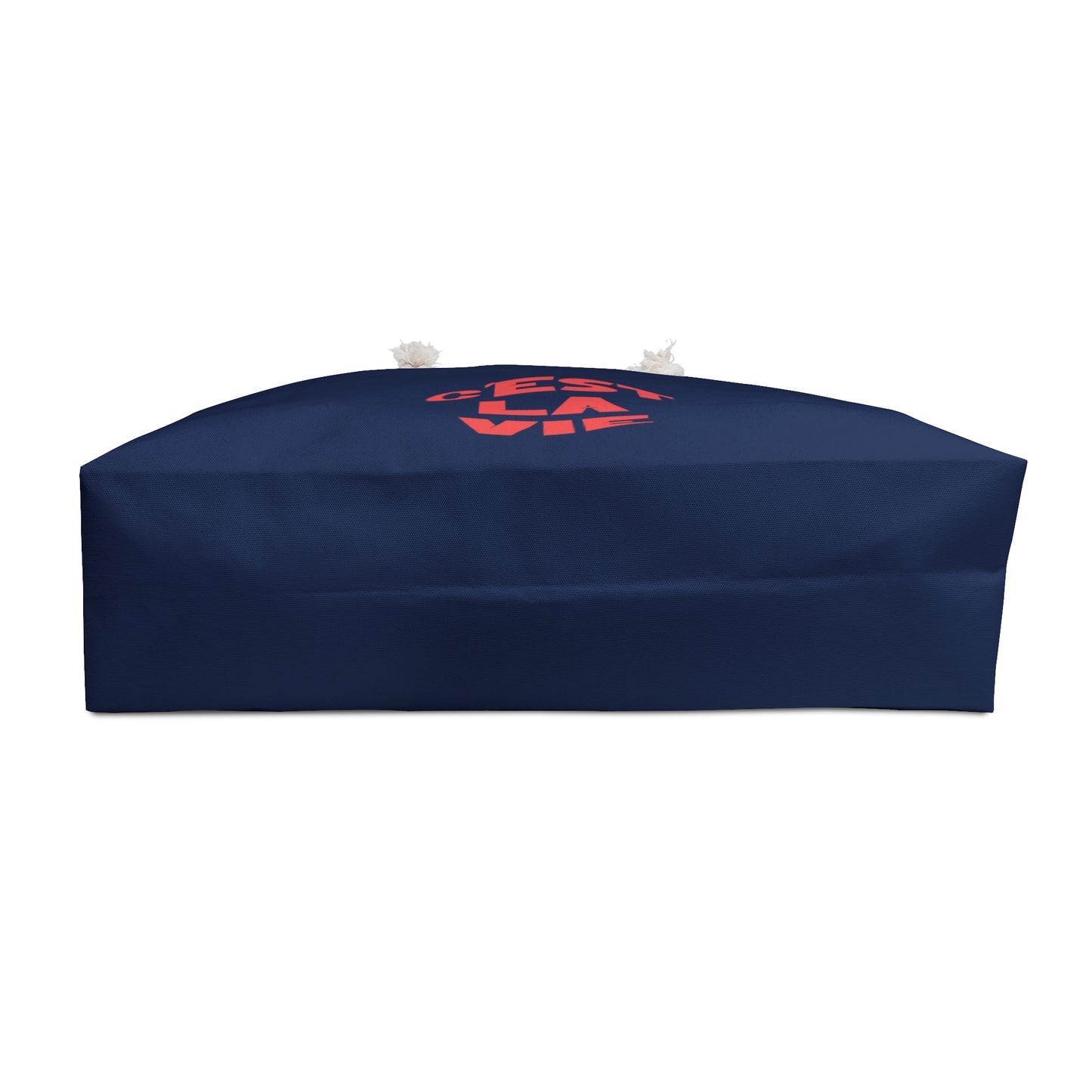 Navy blue strapless top with red and white logo on a white background
