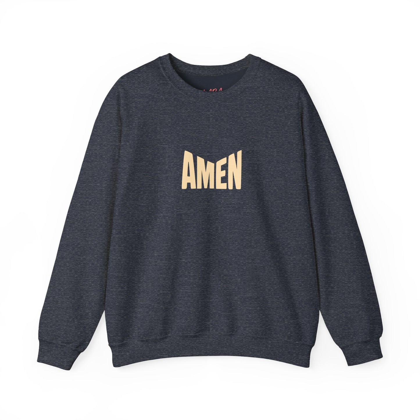 Dark gray sweatshirt with 'AMEN' printed in gold on a white background