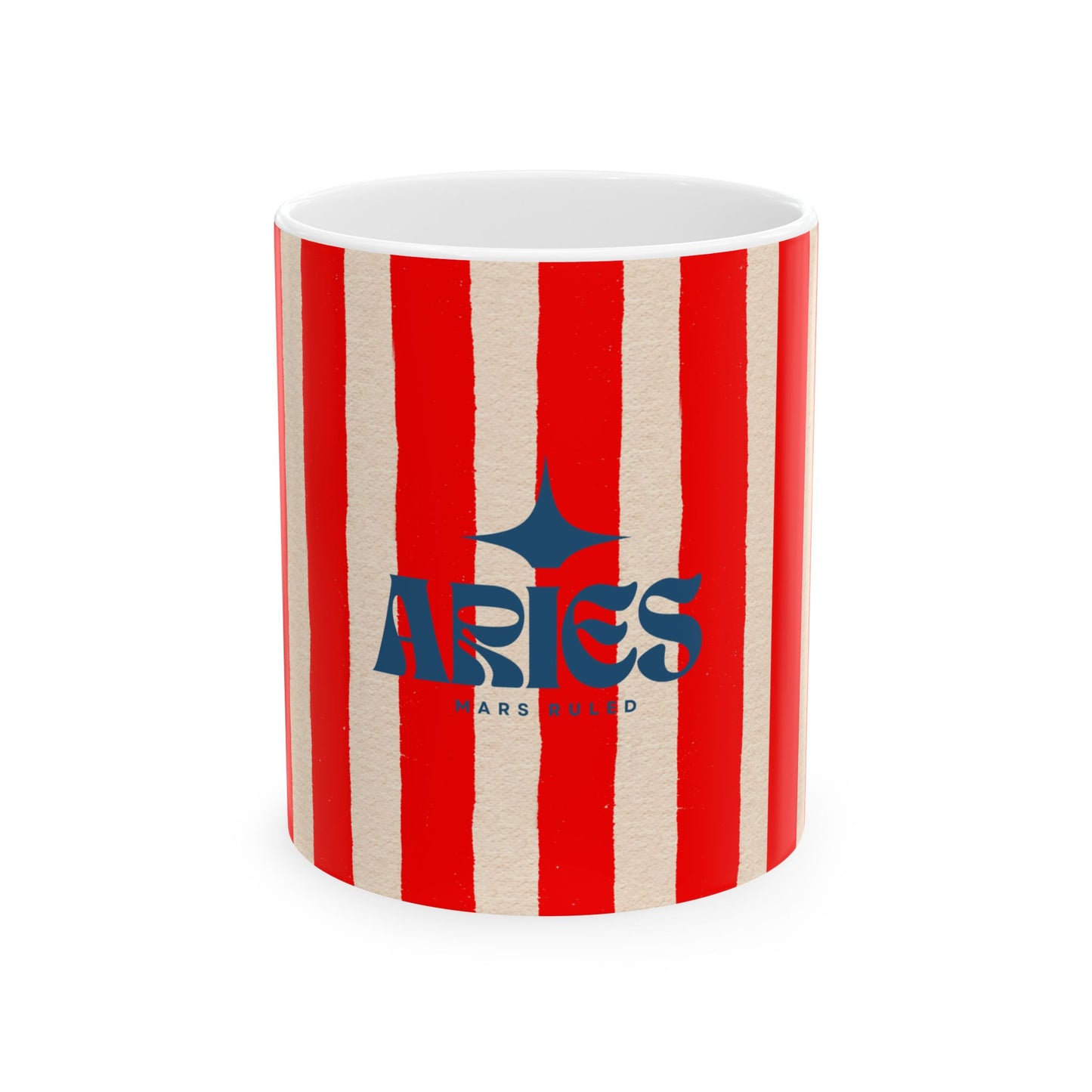 Mug with red and white striped pattern and 'ARIES' branding on a white background