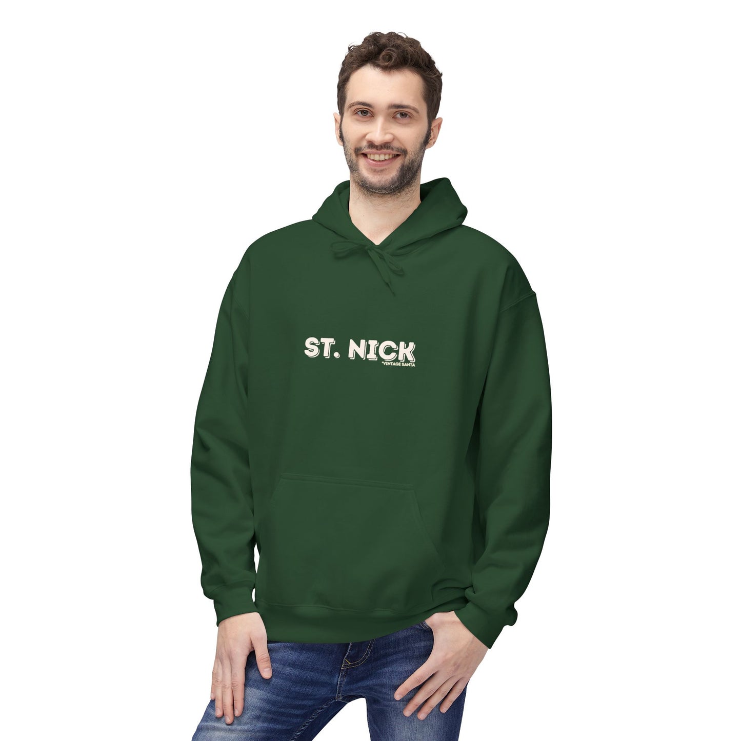 Man wearing a green hoodie with 'ST. NICK' text on a white background
