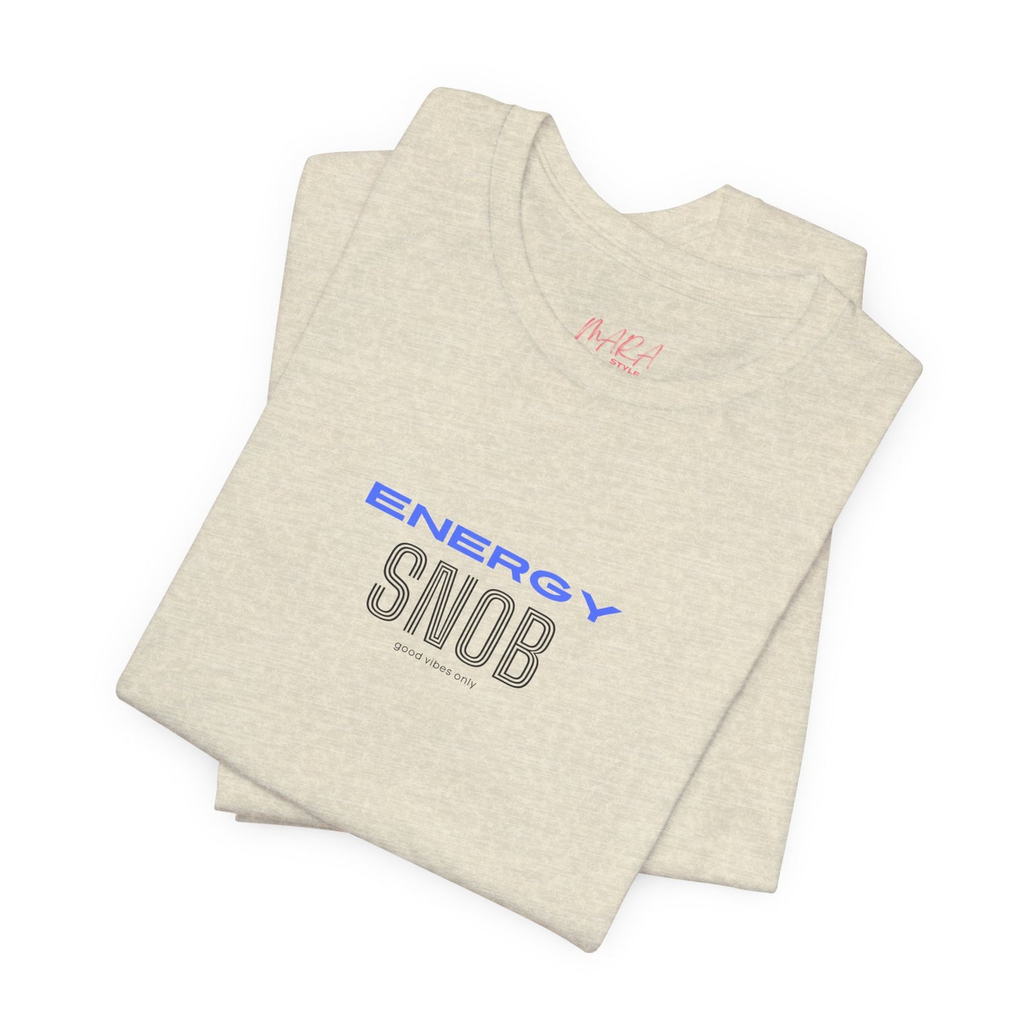 Beige tank top with 'Energy Snob' text on a white background