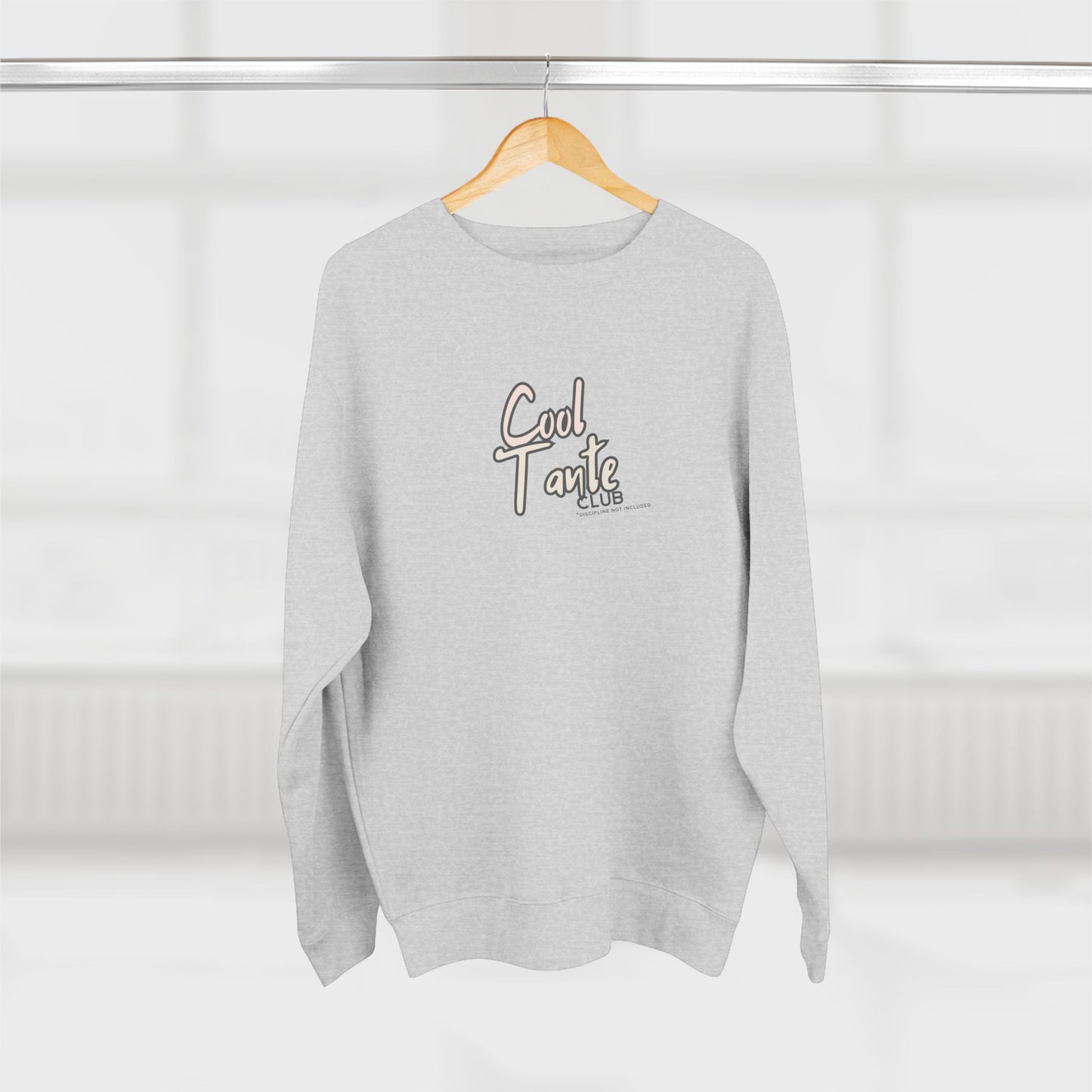 Gray sweatshirt with 'Cool Tante' text on a hanger against a white background