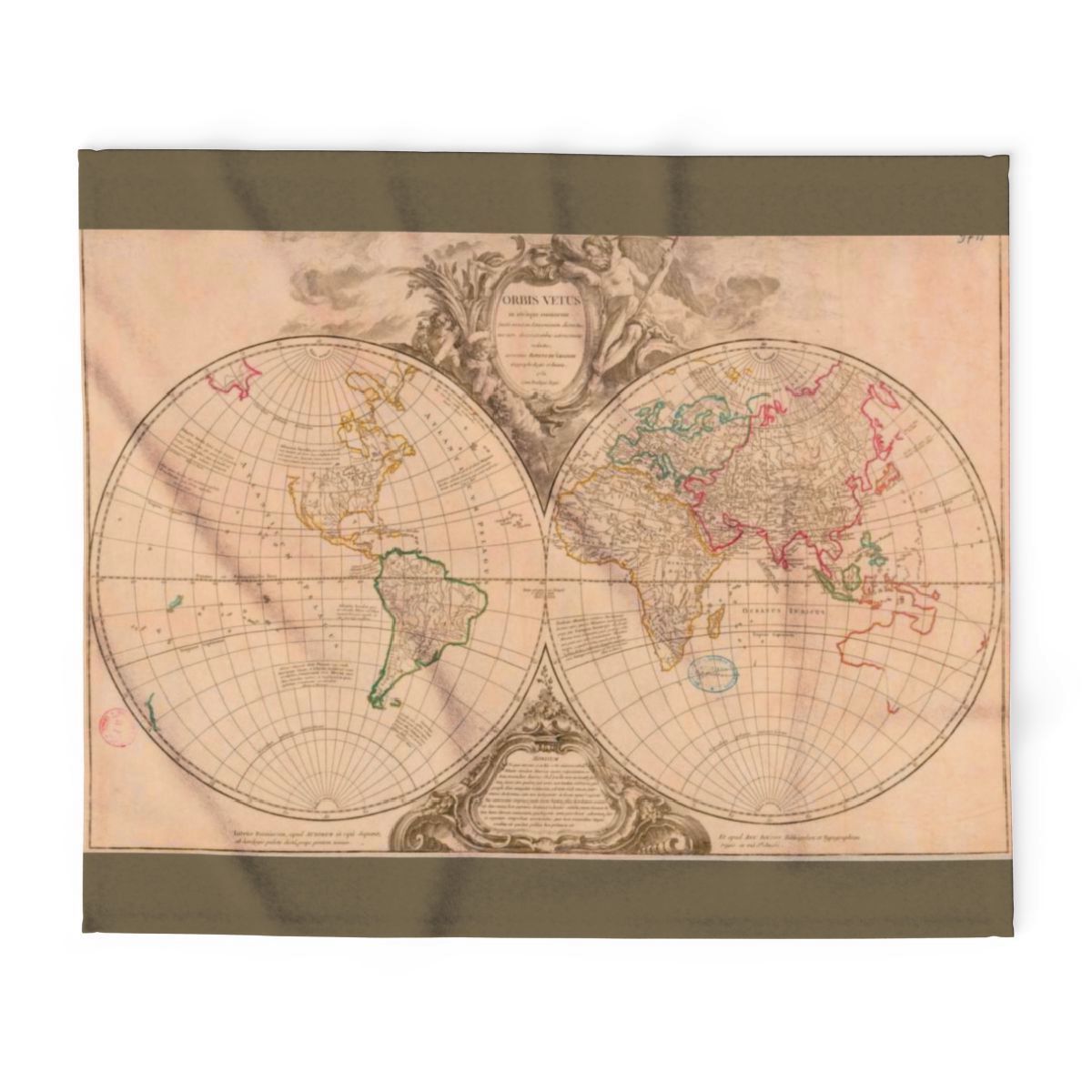 Fleece Blanket, Old World Vintage Map - MUDDY GREY