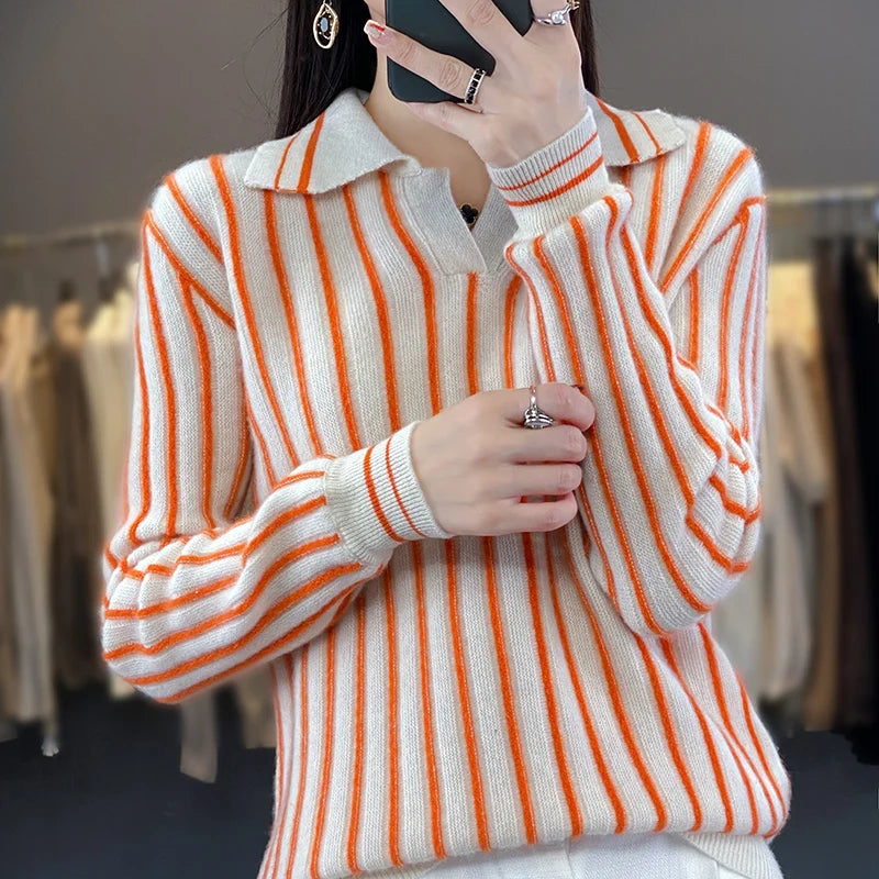 Retro Striped Women's Wool Pullover, Preppy Shirt