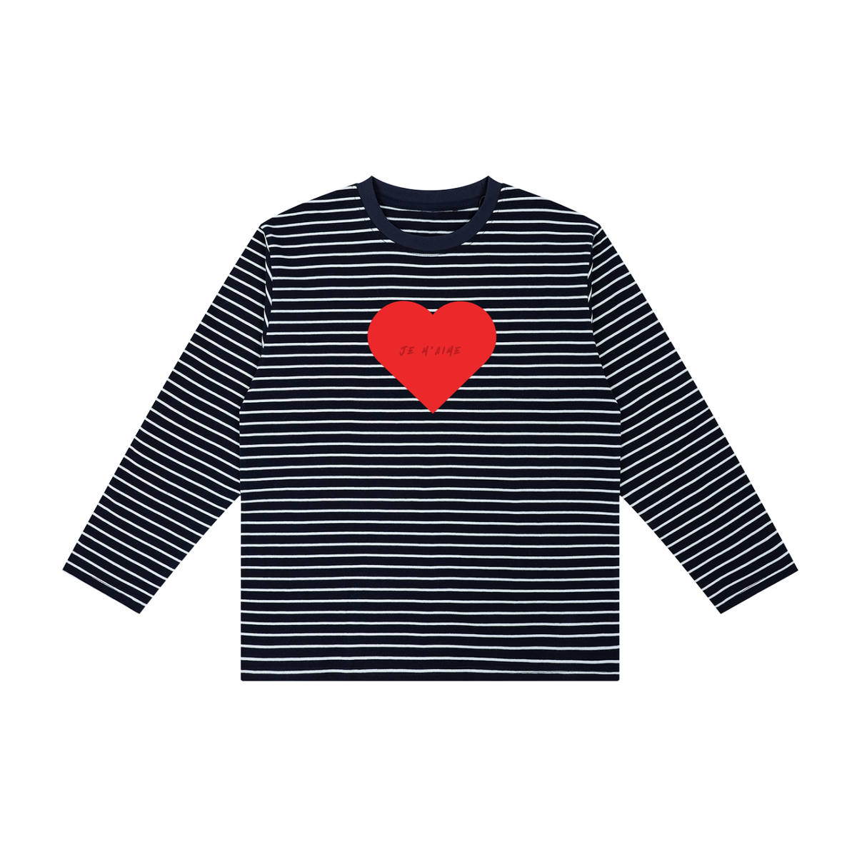 A children's long-sleeve top with navy and white horizontal stripes, featuring a red heart graphic on the chest with 'EL FOCO' text inside it, displayed on a solid white background.