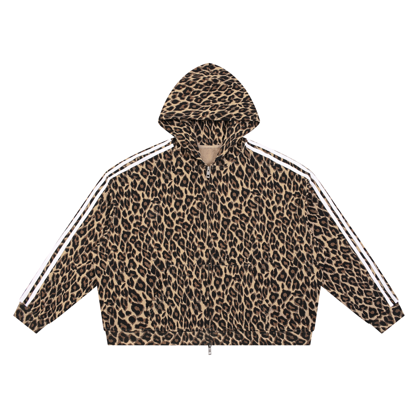 A cropped zip-up hoodie featuring a bold leopard print pattern in brown, beige, and black, with three white stripes running down the sleeves, shown against a plain white background.
