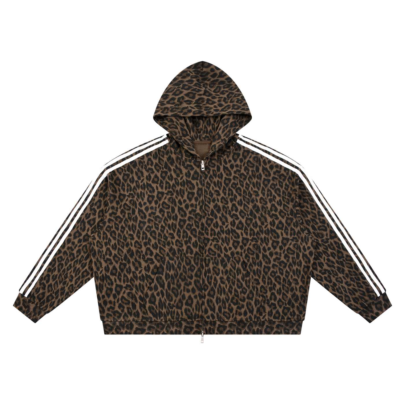 A cropped zip-up hoodie featuring a brown and black leopard print pattern, with white double stripes running down the sleeves, shown against a plain white background.