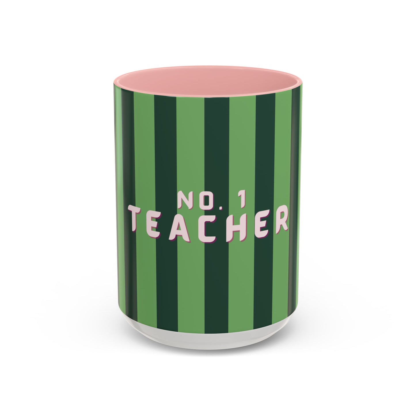 Striped mug with 'No. 1 Teacher' text on a white background