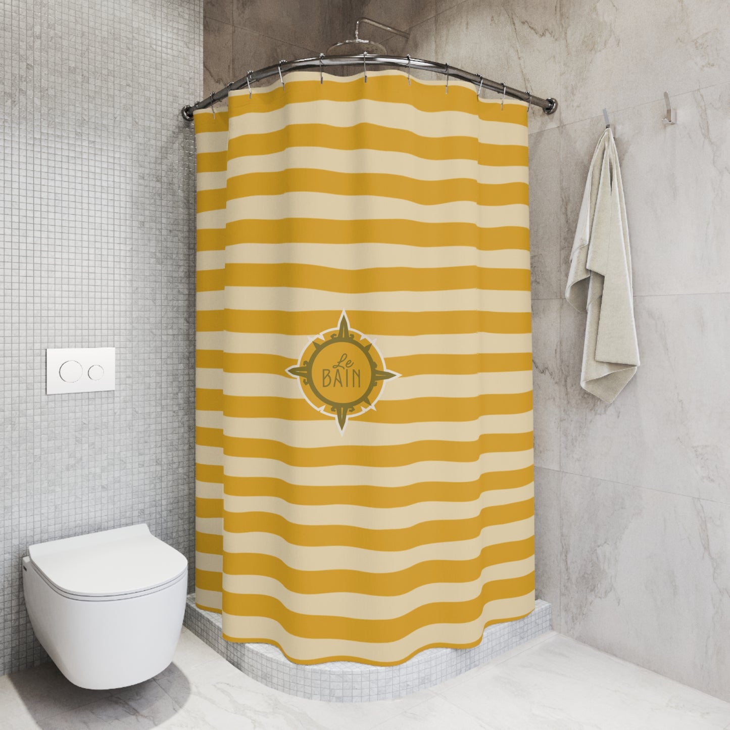 Striped Yellow Shower Curtain – 'Le Bain' French Bathroom Accent