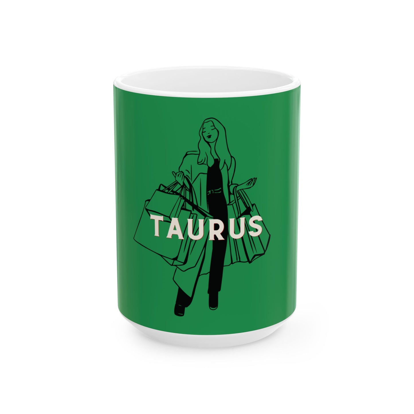 Green mug with a graphic of a person holding bags and the word 'Taurus' on a white background