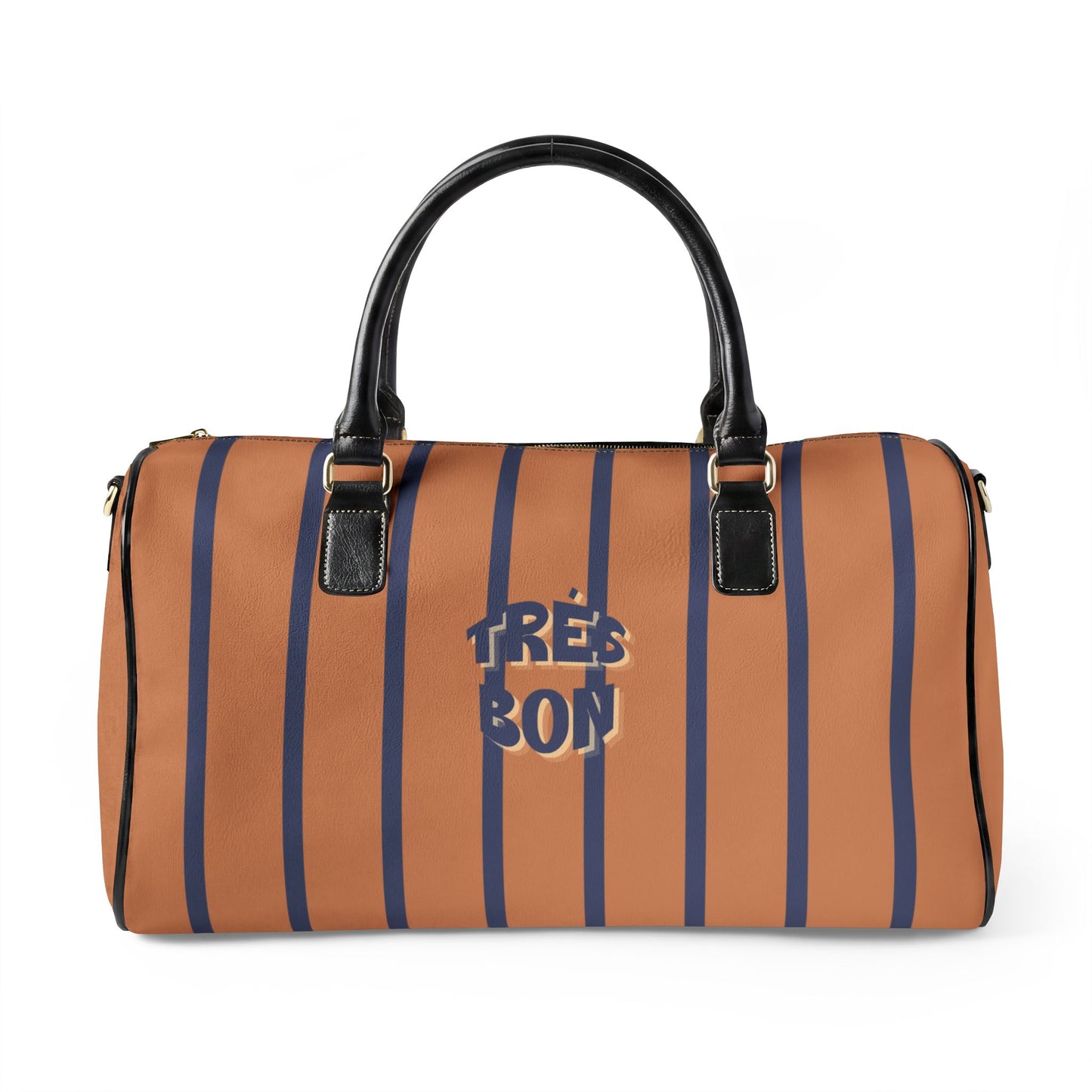 Striped duffel bag with 'Tres Bon' text on a white background