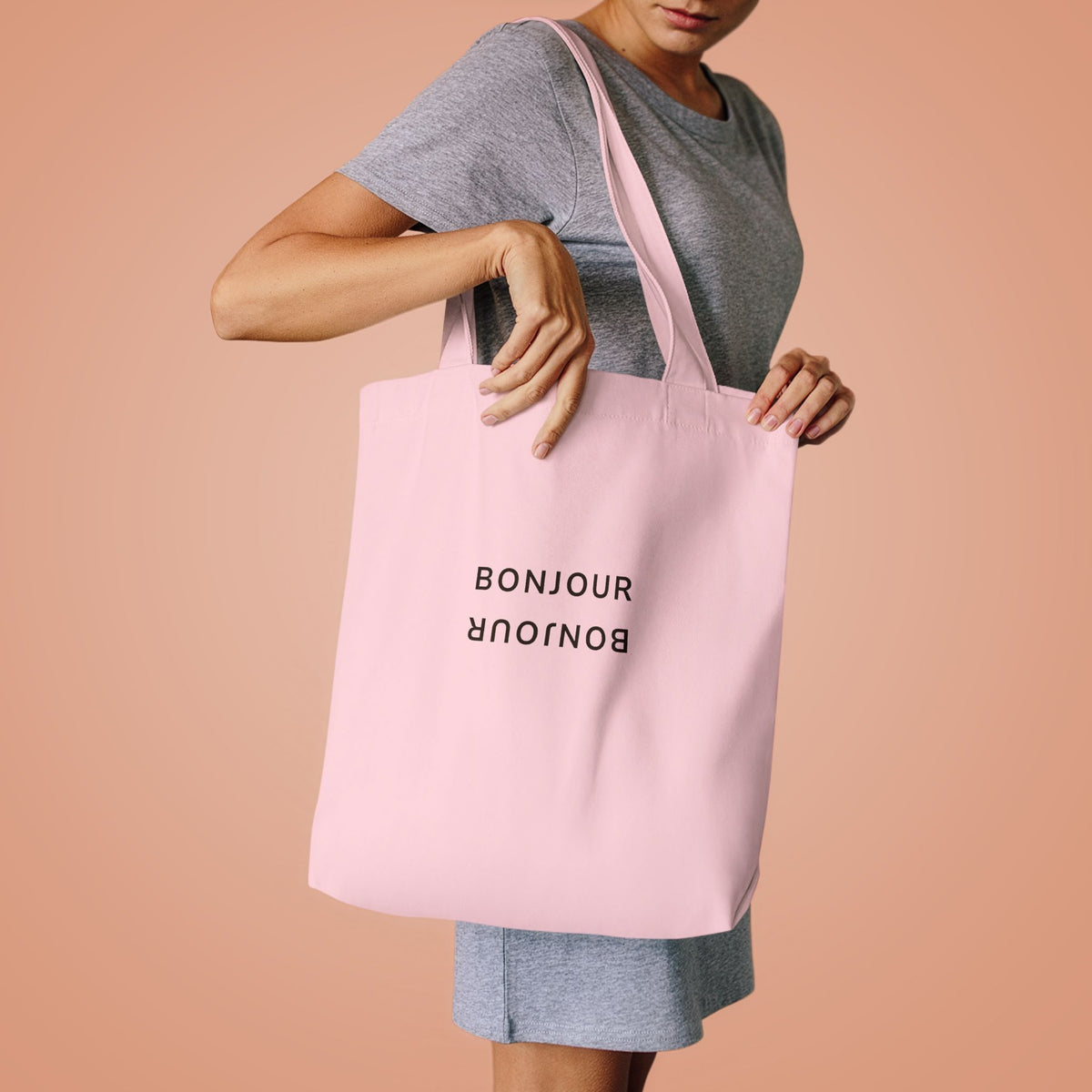 Bonjour Minimalist Cotton Tote Bag, Pink
