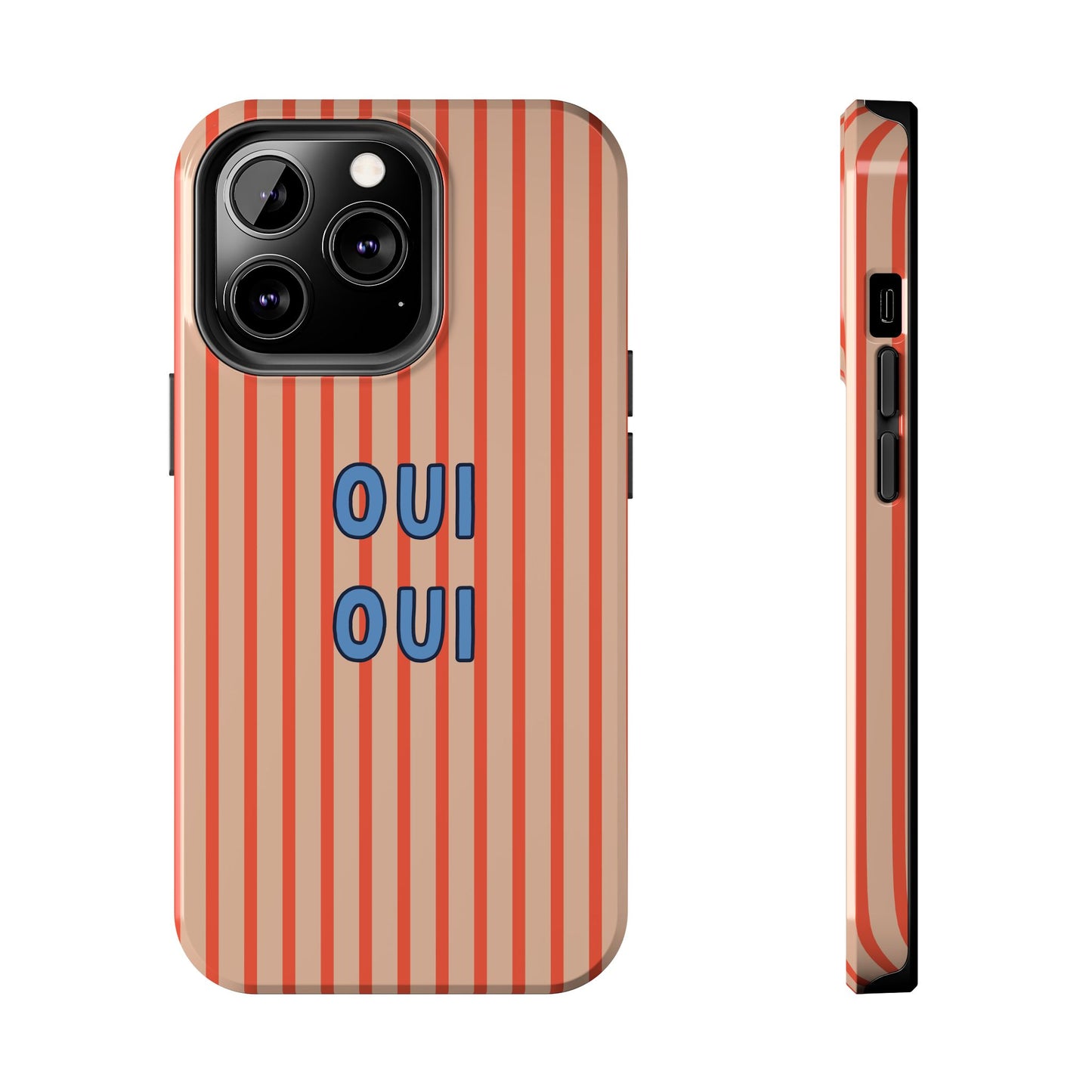 Phone case with red and beige striped pattern and 'OUI OUI' text on a white background