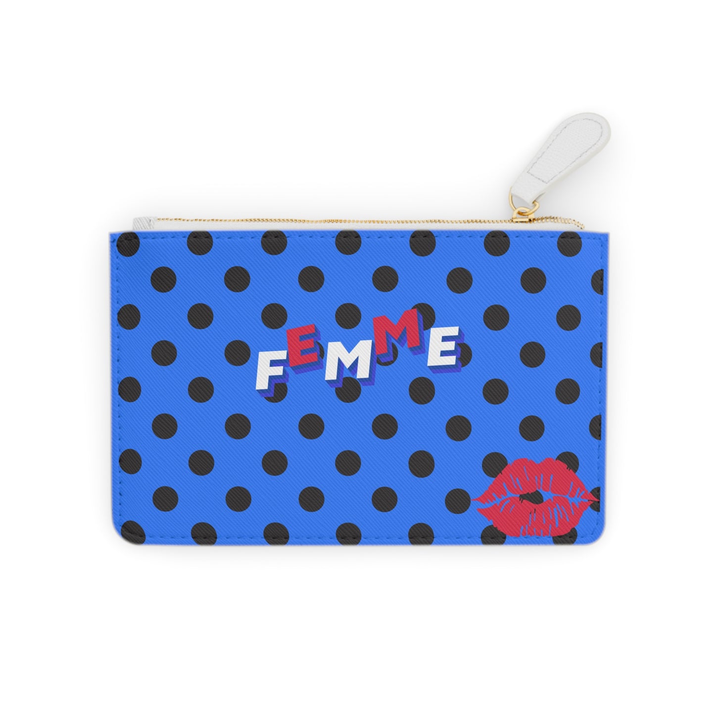 Blue polka dot pouch with 'Femme' text and red lip print on a white background
