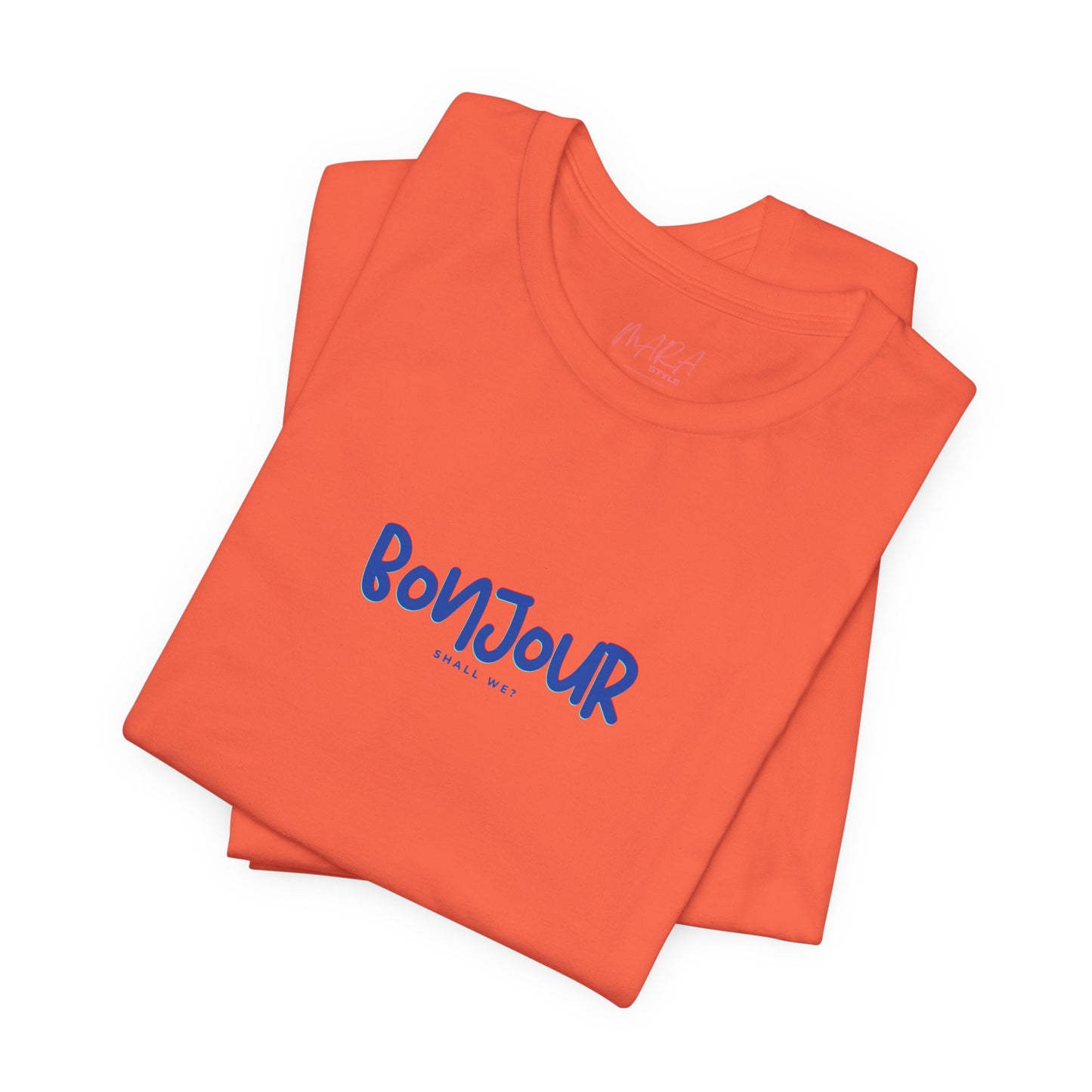 Orange t-shirt with 'Bonjour' text on a white background